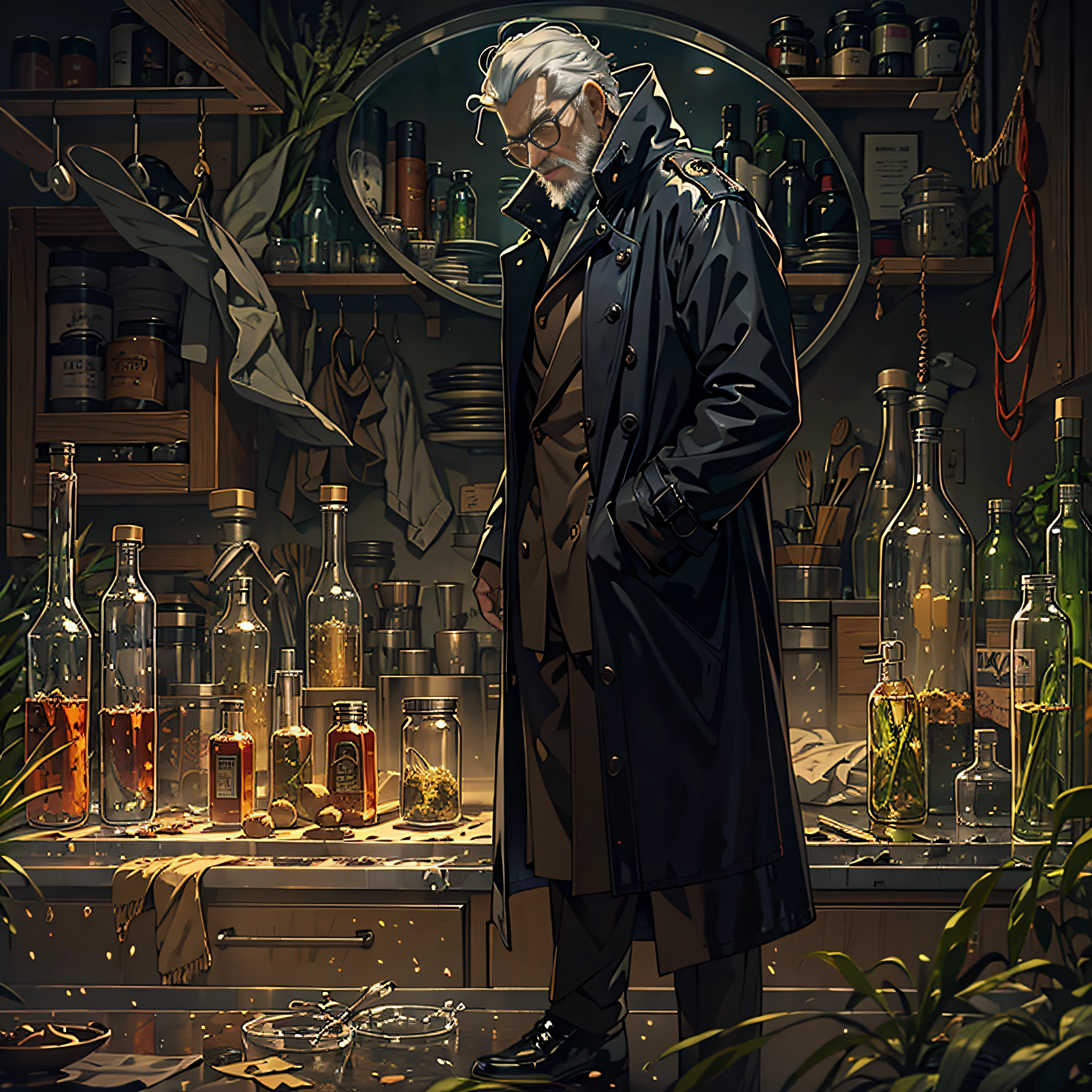 The Demon Hunter is a young man with black hair and a beard,Wears a large black trench coat with a black pattern。Looking at the gray-haired old man in front of him, he took out a row of ten test tubes,Neatly placed on the counter。The pale golden liquid rippled with layers of dazzling light under the glass test tube。Dark theme, optic, fanciful。