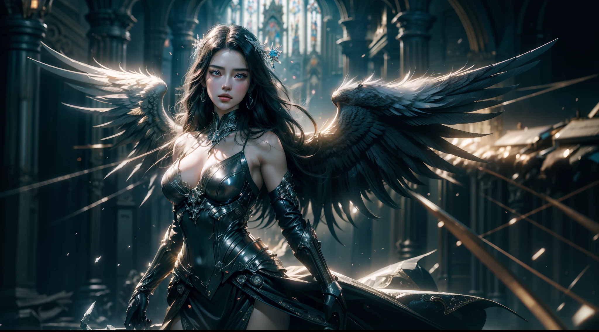 （（best qualtiy））， （（tmasterpiece））， （（Realistis））， （A detailed）， （realisticlying：1.5），illusory engine， (High detail: 1.9)，（femele：1.4），（big breasts beautiful： 1.4),(carismatic:1.3)， （Large breasts）， Female angel，Black feathered wings，beuaty girl，beauitful face， looking at viewert， dynamicposes， Church background，hdr， Ray traching， NVIDIA RTX， Hyper-Resolution， Unreal 5， sub surface scattering， PBR textures， Post-processing， Anisotropic filtering， depth of fields， Maximum clarity and sharpness， trichotomy，8K original，（Luminous Particle：1.4），（VerydetailedCG，Unity 8k壁纸，cinmatic lighting，lens flare glow），Reflectors，Sharp focus，black toga，Raised sexy