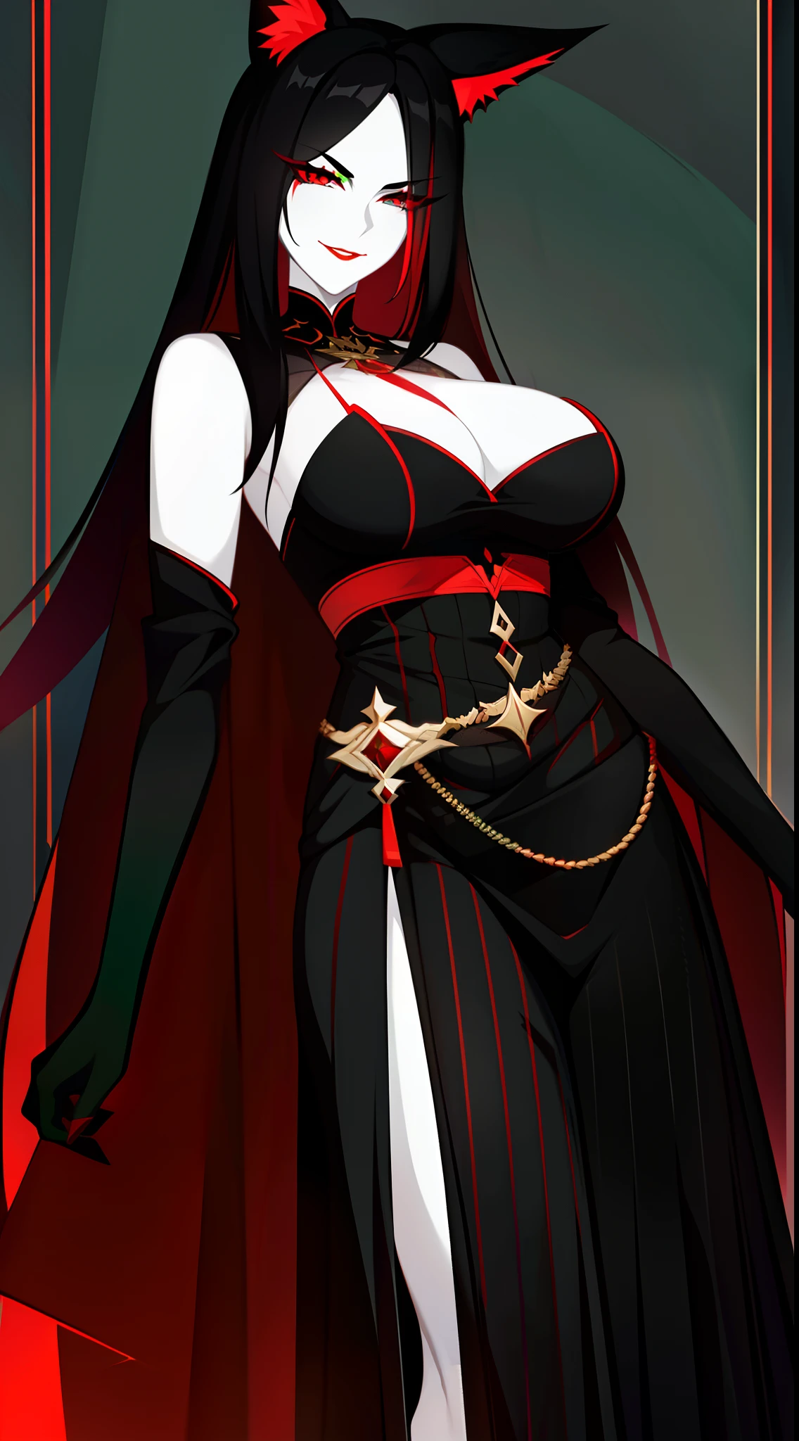 Adult woman, pale skin, long black hair, fox ears, green eyes, red eye shadows, red lipstick, black magic dress, open breasts, smirk, Masterpiece, high quality