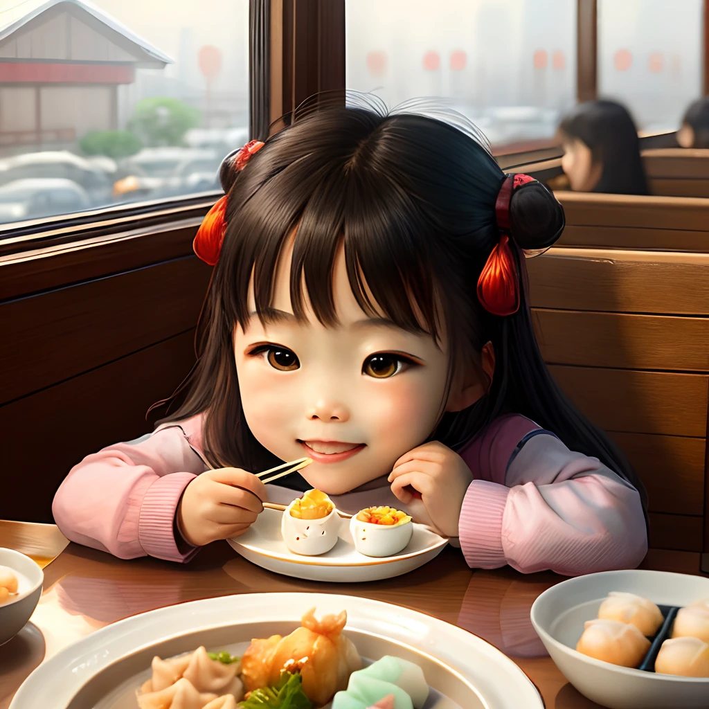 A happy eat dim sum in chinese restaurant, in the morning, natural light