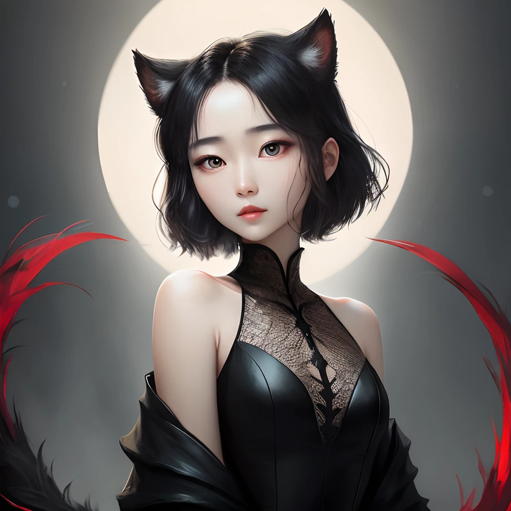 Short shoulder-length hair, enchanting appearance, bright eyes, slightly upward tail of eyes, bright and clear pupils, white skin as porcelain, lips are red without dots, extremely beautiful, charming posture, black clothing, dark black tone