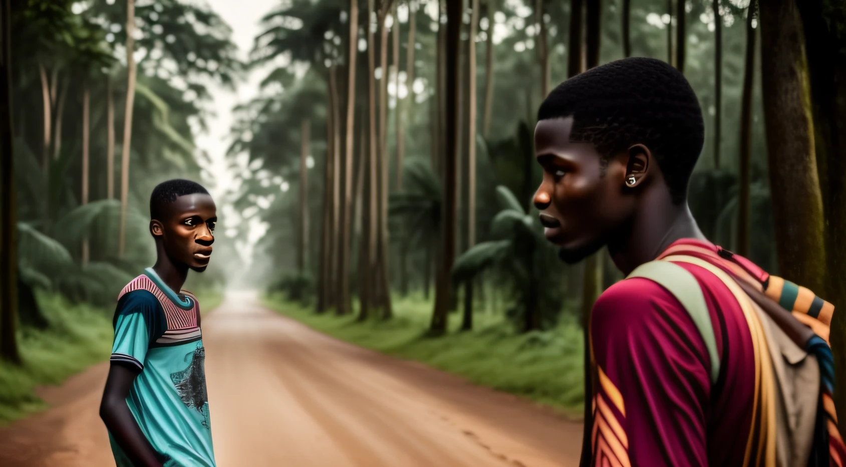 Young man talking to people in the village in the middle of the forest full of large trees, e lagos