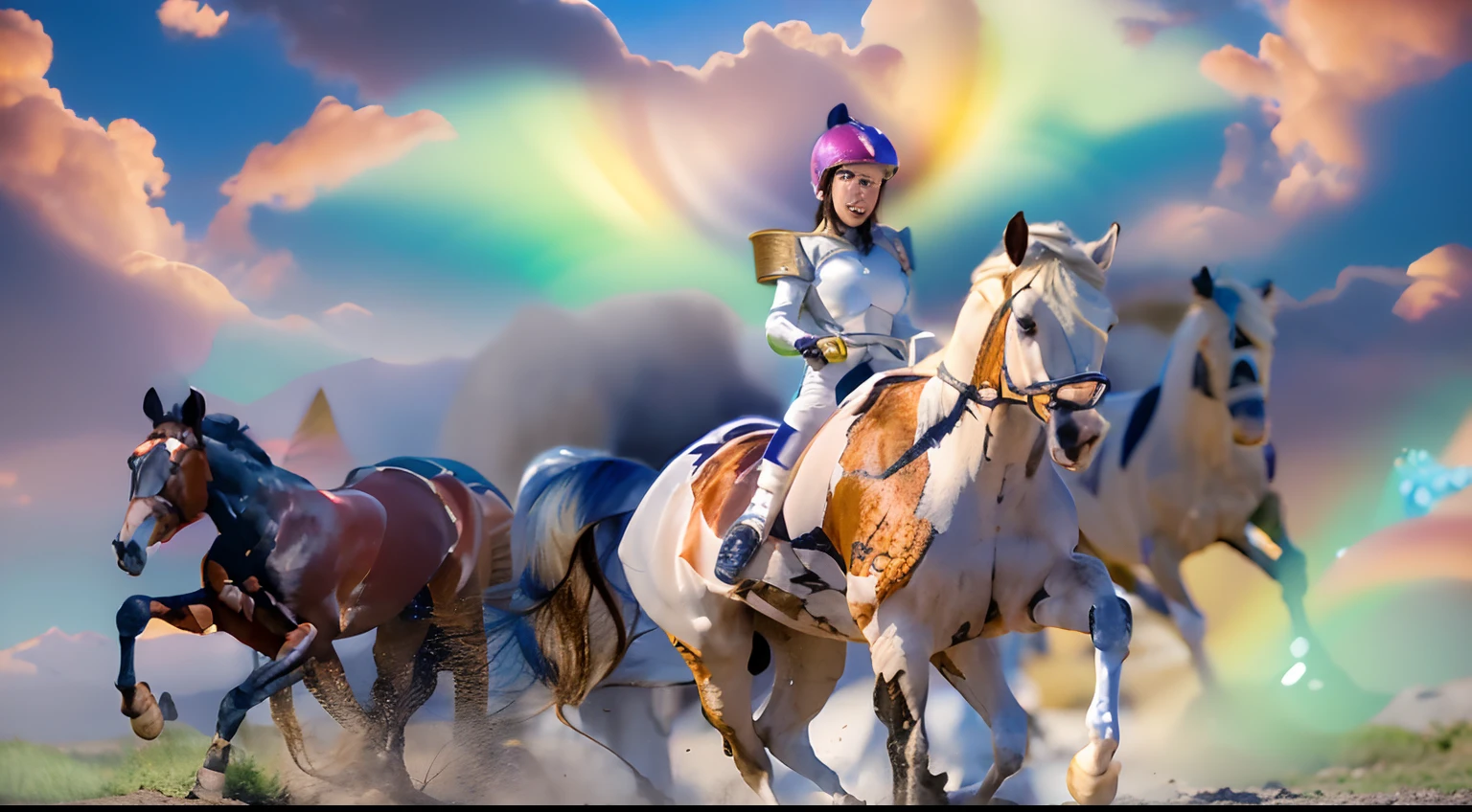 8 horses,Ultra-grand scenes,super wide shot,1#cavalos,2#cavalos,3#cavalos,4#cavalos,5#cavalos,6#cavalos,7#cavalos,8#cavalos。Eight extremely special and rare horses surround each other,A large herd of horses galloped ahead,Gallop across the steppe like a clock。The vast plains of the epic scene are rich in aquatic plants,In the distance is the snow-capped summit of Mount Everest,Snow creek flows into the sea,At the other end is the magnificent giant city,The horse team entered and exited from the city gate。The Lightcast Pegasus from the Supreme Heaven has a rainbow aperture from the Supreme Heaven,She rides between light and pure,No additional ornaments are needed to highlight her dignity and holiness,Even the sky showed her a clear sky,She has a deep enmity with the nightmare heavy ride from hell,The two never put their heads next to each other,Surrounded by sulphurous flames, the Hellmare Heavy Ride makes every time a horse's hooves fall, stepping flat grass out of the lava from the ground,The sky in the steppe is brighter,It makes the earth deeper。The wind wings of the wind elf horse let its position be erratic,She carries a cyan aperture lightly and always can't help but tease the mechanical horse,The mechanical horse is full of mecha beauty,The shoulder back position always reveals delicate mechanical fittings,Four kicks with a hydraulic pump and electromagnetic ejection device。Unicorns want to steal all horses from their pure and flawless beauty,But on the side, the fairy dragon horse is comparing with it,Their unique elven-patterned armor and colorful saddles make them the most stylish horses。The female knight is charging on her knightly warhorse,Her lofty ideals made her will unstoppable,There is no doubt that she is the protagonist of this picture。And a chaotic horse from uncharted territory,It blends in and has a weird style and chaotic colors that are almost unimaginable,This gives the whole picture an extremely dangerous uncertainty,The slightest mistake c