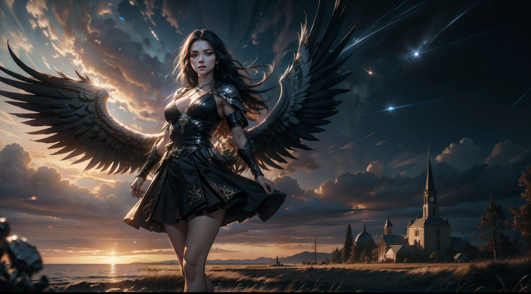 （（best qualtiy））， （（tmasterpiece））， （（Realistis））， （A detailed）， （realisticlying：1.5），illusory engine， (High detail: 1.9)，（femele：1.4），（big breasts beautiful： 1.4),(carismatic:1.3)， （Large breasts）， Female angel，Black feathered wings，beuaty girl，beauitful face， looking at viewert， dynamicposes， Church background，hdr， Ray traching， NVIDIA RTX， Hyper-Resolution， Unreal 5， sub surface scattering， PBR textures， Post-processing， Anisotropic filtering， depth of fields， Maximum clarity and sharpness， trichotomy，8K original，（Luminous Particle：1.4），（VerydetailedCG，Unity 8k壁纸，cinmatic lighting，lens flare glow），Reflectors，Sharp focus，black toga，Raised sexy