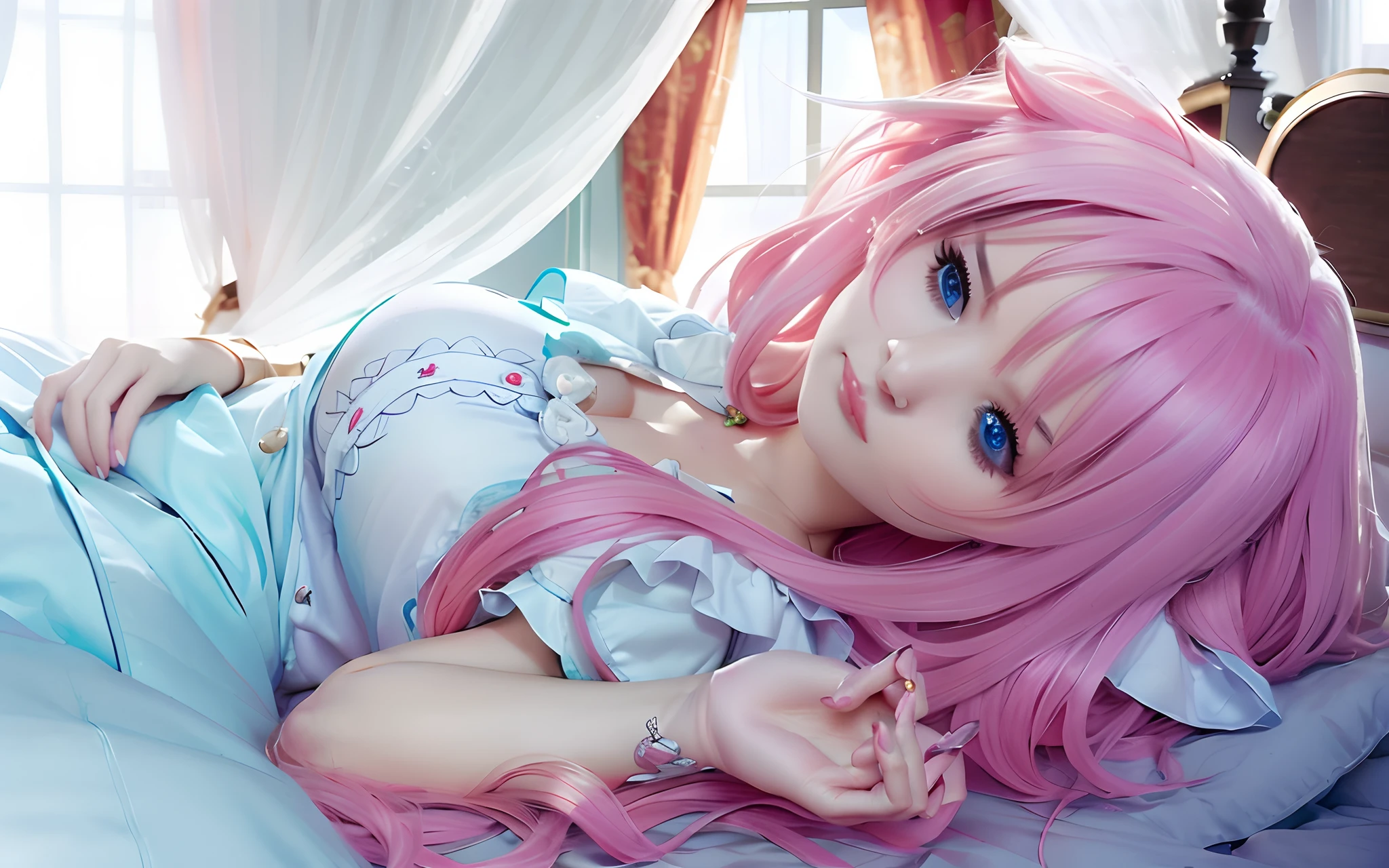 1girl, dog ear, sleep, pink hair, bedroom, 70mm, realistic, 4k