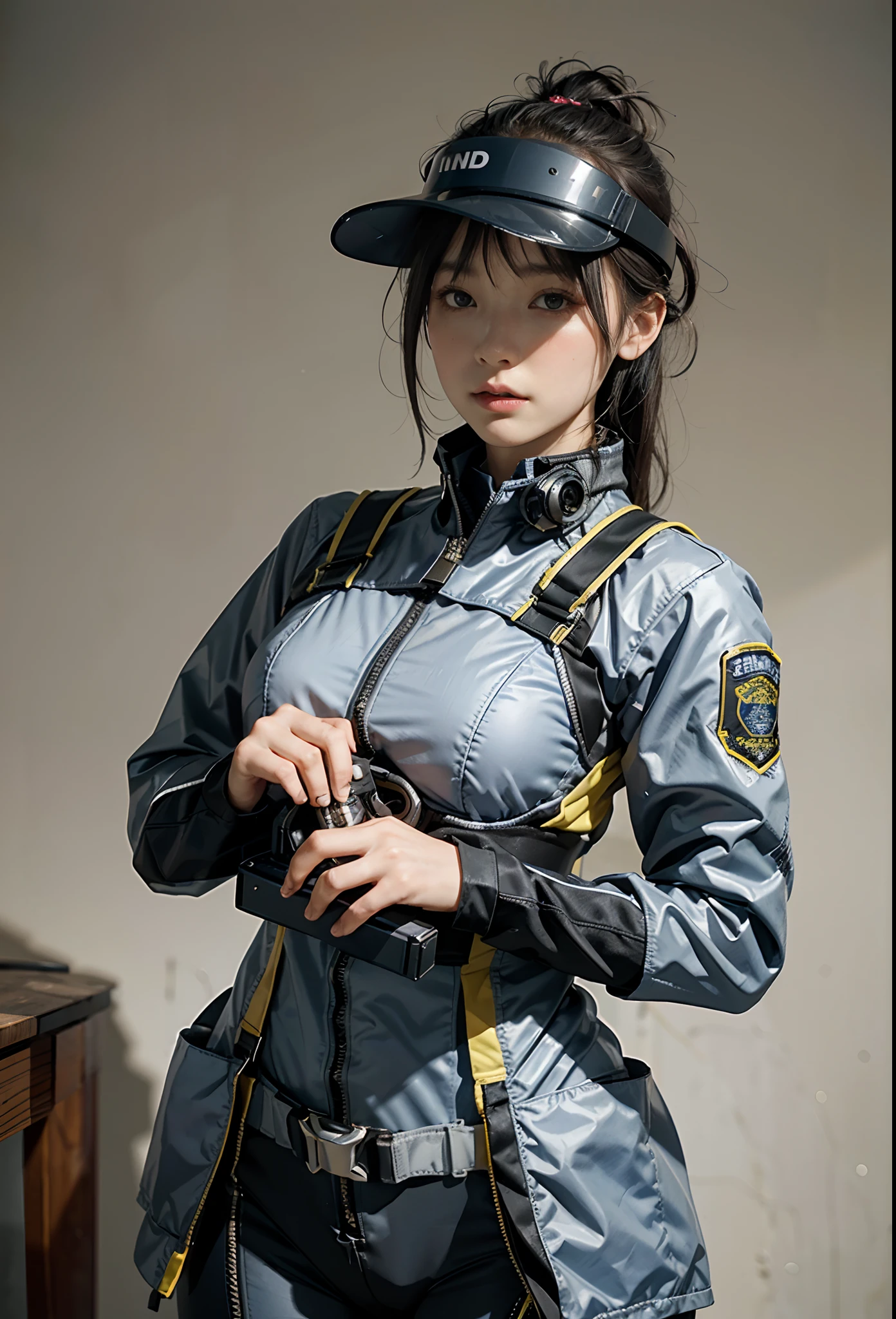 Highest image quality, outstanding details, ultra-high resolution, (realism: 1.4), the best illustration, favor details, highly condensed 1girl, with a delicate and beautiful face, ((cowboy shot)), (wearing racing suit likes police uniform, black and gray mecha, wearing a visor, military harness, holding a machinegun or bring a machinegun, "SST"), background simple grey wall,