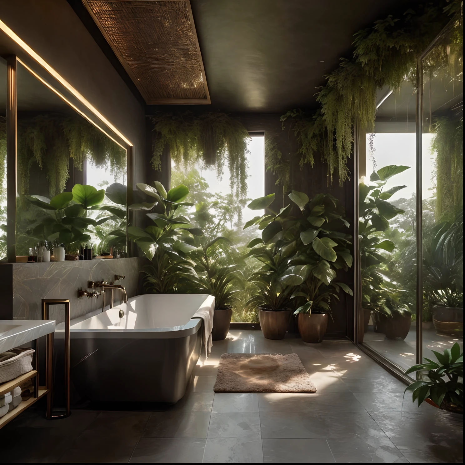 There is a bathtub in a bathroom with a lot of plants, lush oasis, selva exuberante, Vista exuberante, humor biofilia, Plantas e selva, sala cheia de plantas, em um ambiente de selva, Ambiente exuberante, Directed by: Frederik Vermehren, ambiente luxuoso, ambiente hiper-realista, Arredores exuberantes, Directed by: Dietmar Damerau, design de banheiro premium