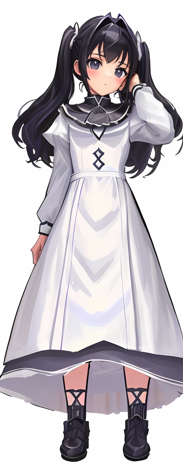 um desenho de uma mulher em um vestido com cabelo longo, twintails branco_Luvas, anime full body illustration, sombreamento fresco, lineart preto espesso, linearidade espessa, sombreamento pesado, corpo perfeitamente sombreado, single character full body, Menina anime com cabelo longo, sombreamento simples, full length illustration, detailed manga style, small curvy loli, detalhes do corpo inteiro