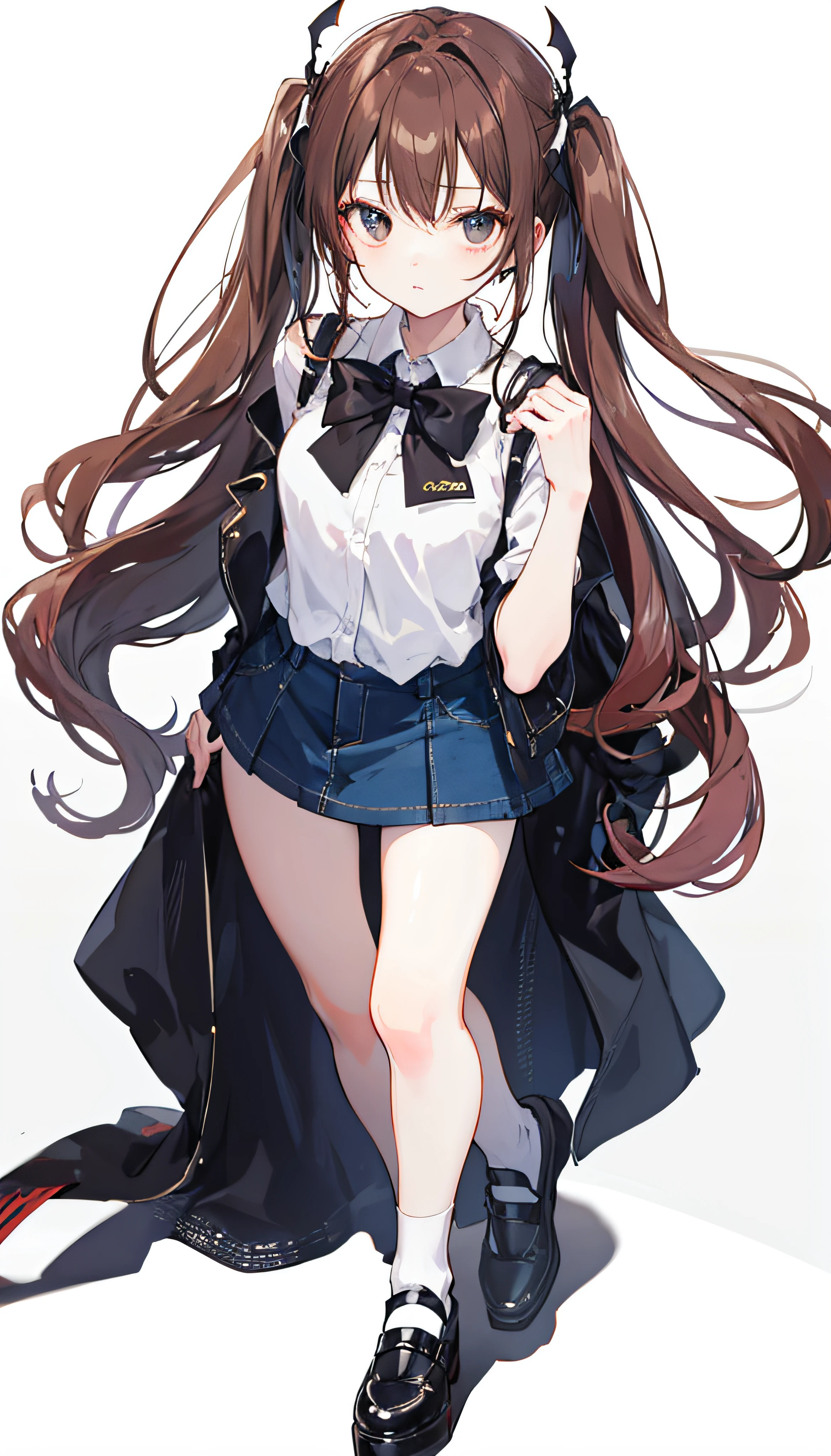 Photorealsitic, Bright indoor, Soft light, Low contrast, Shallow depth of field, Beautiful loli girl illuminated by gentle light, long straight bangs hair, hair color is a dark chestnut shade with a slight red tone, hair with a subtle and gentle wave, twin tails hair, (White blouses), (Denim miniskirt), (Silk White Socks), (pumps), (Full body:1.5), squatting, Blank white background