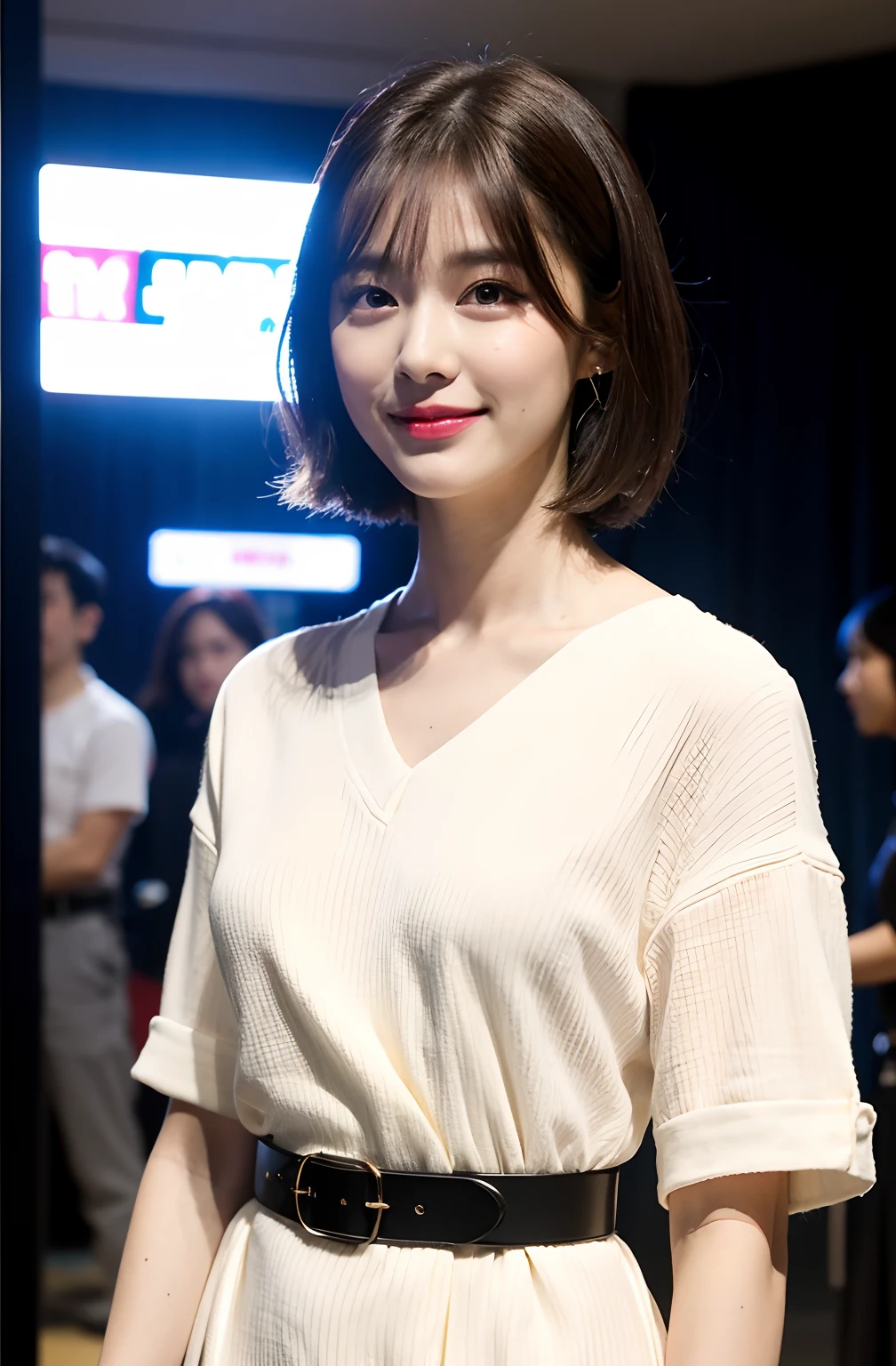 ((8K:1.27)、top-quality、masterpiece、超A high resolution:1.2)Photo Beautiful Japan woman(pleasing:1.1) Elegance、There is a good、Gradient lighting、1girl in、Delicate skin、Look here、Brown-eyed、(short hair with bangs:1.2)、(Medium chest:1.0)、(medium areola:0.8)、(realisitic:1.4)、(top-quality:1.0)、(超A high resolution:1.0)、8K、Raw photography、(masterpiece:0.2)、(pureerosface_v1:0.5)、 Fashion of the 60s、Clothes with classic designs、Actress style of the 60s、Retro dresses、classical、Clogged neck design、Neck design is roller color、Horizontal border、Stripes、Pop、a belt、Thick border、two-color: Brown and beige、shortsleeves、Chest invisible design、Kamimei、excited expressions、Red cheeks、want me、Staring at this、cafes、Table seating、subject、look down from above、Lean、、Watched、Good posture、up chest、up chest、SLR、Grand Theater Lobby、Small black handbag、Staring at this、