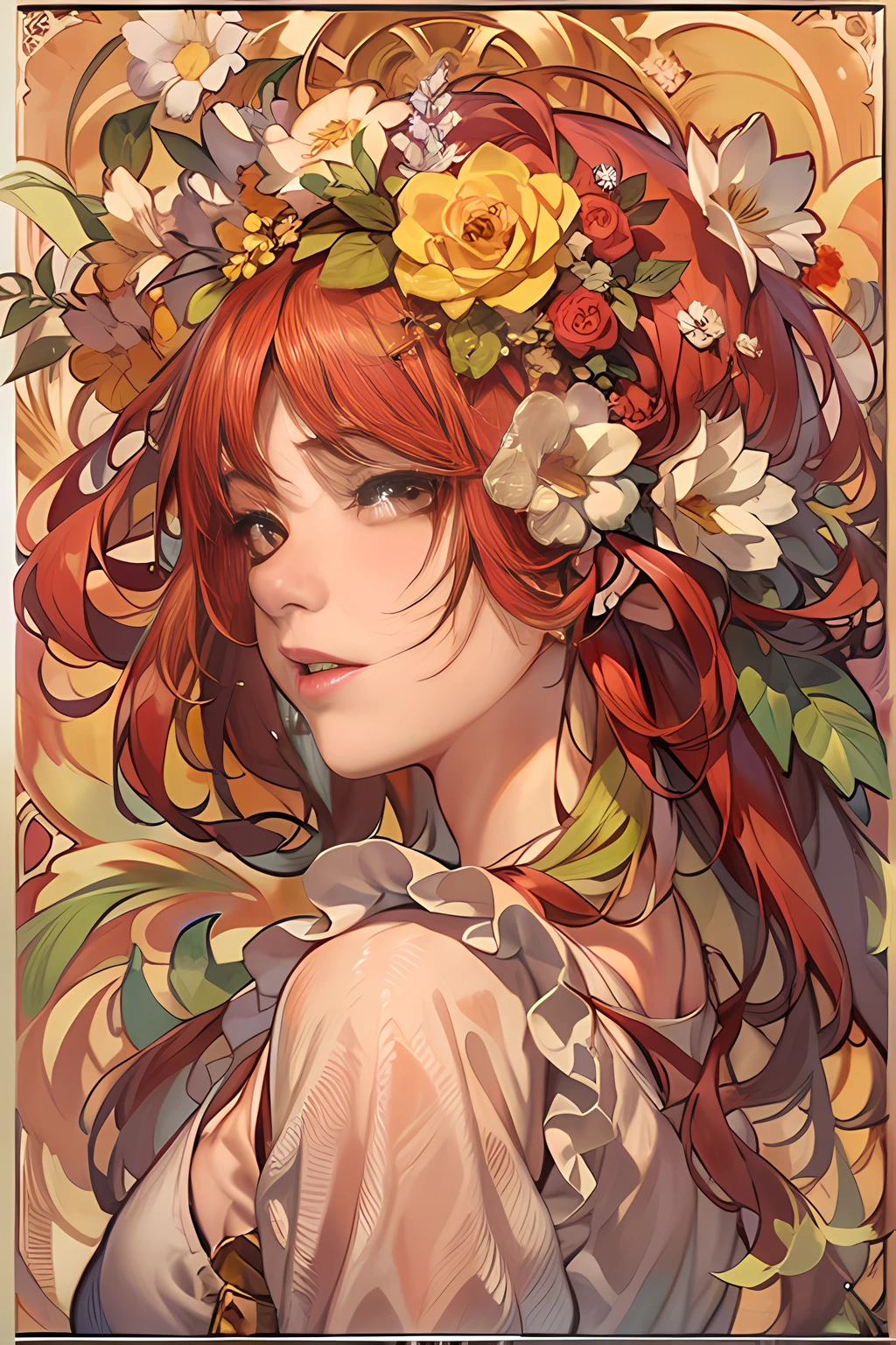Facial portrait of a woman,red tinted hair,Floral frame,Decorative panels,abstract artistic,Alphonse Mucha(tmasterpiece,best qualtiy,A high resolution:1.4),A detailed,complexdetails,4K,splash of color,line art,Fibonacci,