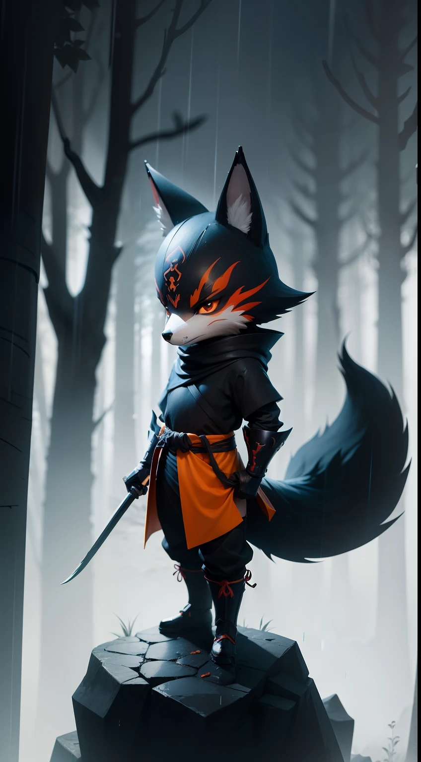 Create a vibrant dark fantasy cute ninja fox in a clean-lined minimalistic cartoon style, in the background a beautiful forest, rain, octane render, 8k