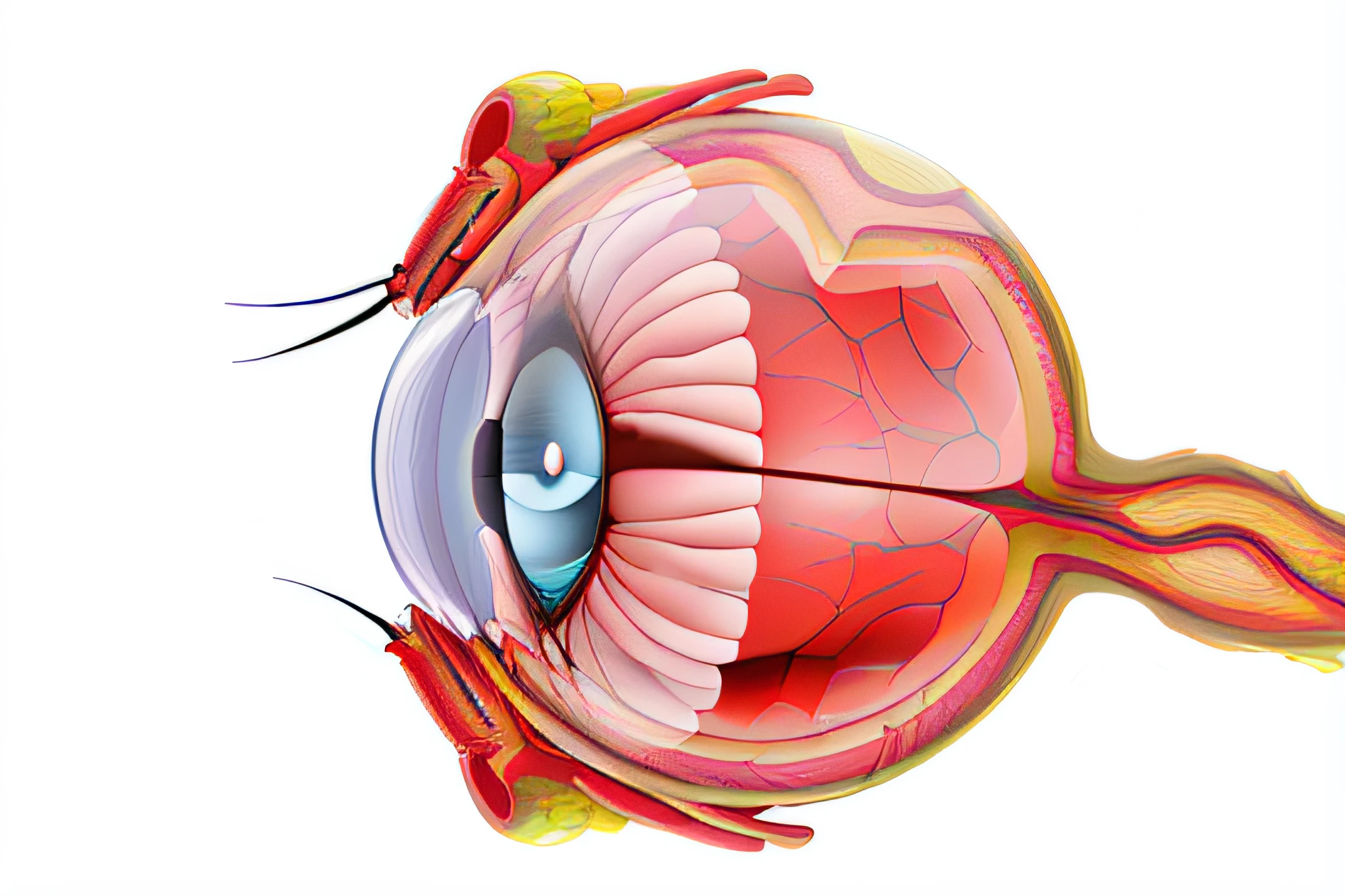 Illustration of the human eye with Katarama and Katarama, Detailed: cornea, Detailed : cornea, circle iris detailed structure, eye implants, Human eye, eyeball, giant eyeball, round pupils, collofull eyes, medical depiction, medical illustration, Scientific illustration, high detail illustration, hyperdetailed illustration, Eyeglass implants