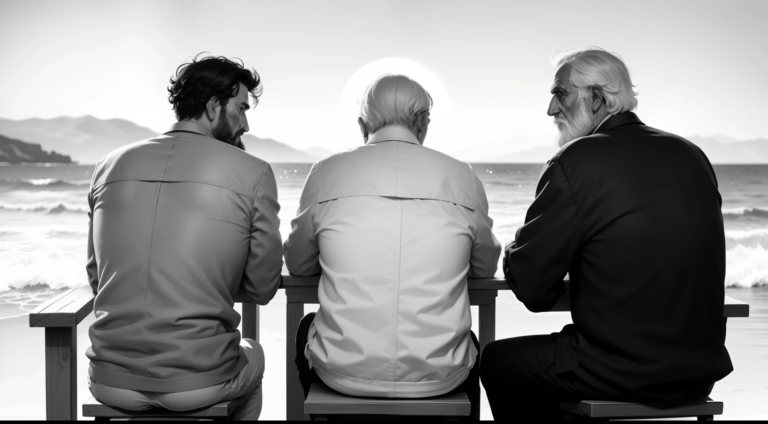 Ancient Greek black and white line drawing style，Three elderly male philosophers sitting by the sea pondering，The background is wide-angled