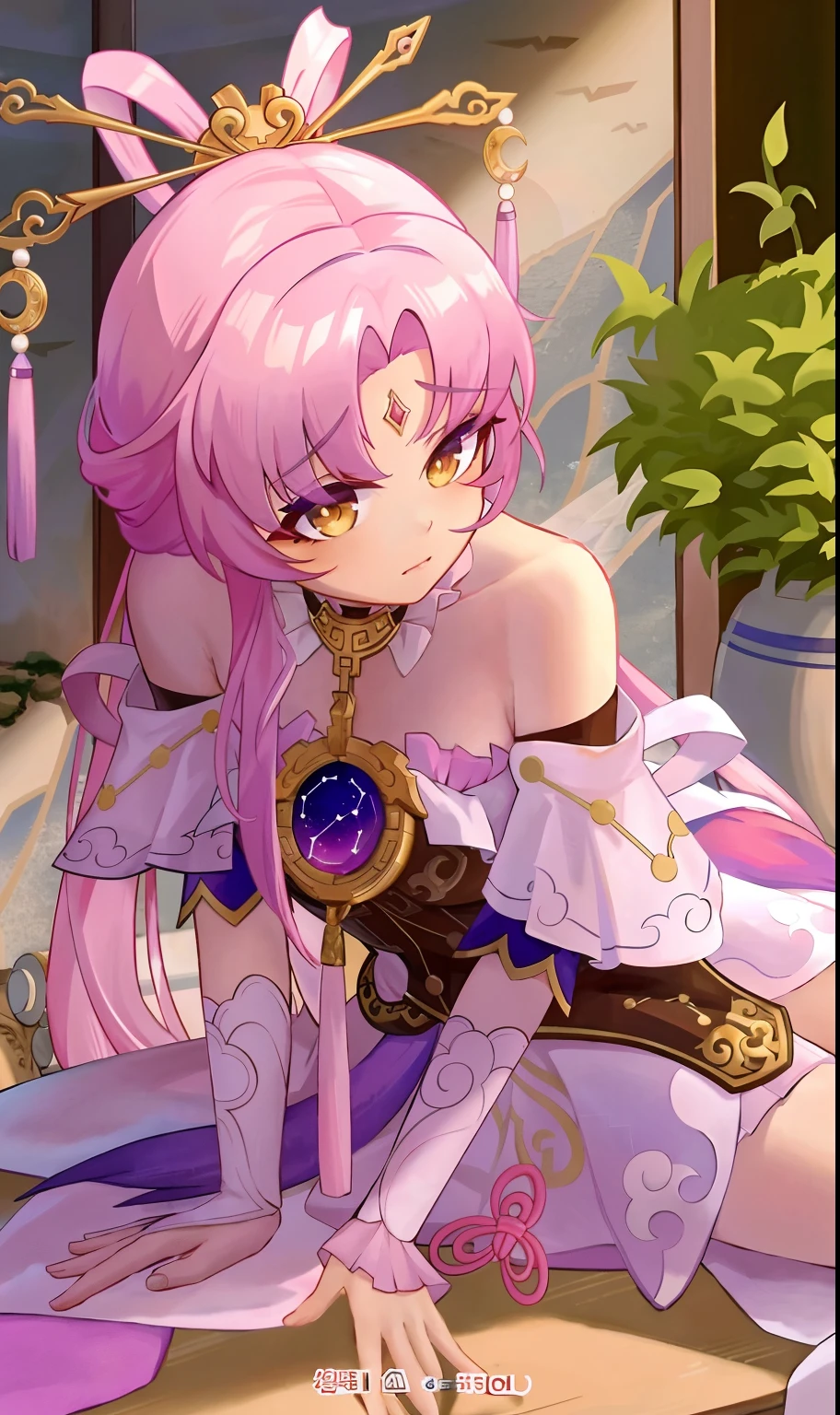 Anime girl with pink hair and purple dress sitting on table, Portrait Chevaliers du Zodiaque Fille, Anime goddess, Keqing from Genshin Impact, Beautiful celestial mage, Ayaka Genshin impact, ((a beautiful fantasy empress)), shadowverse style, cute anime waifu in a nice dress, knights of zodiac girl, ayaka game genshin impact