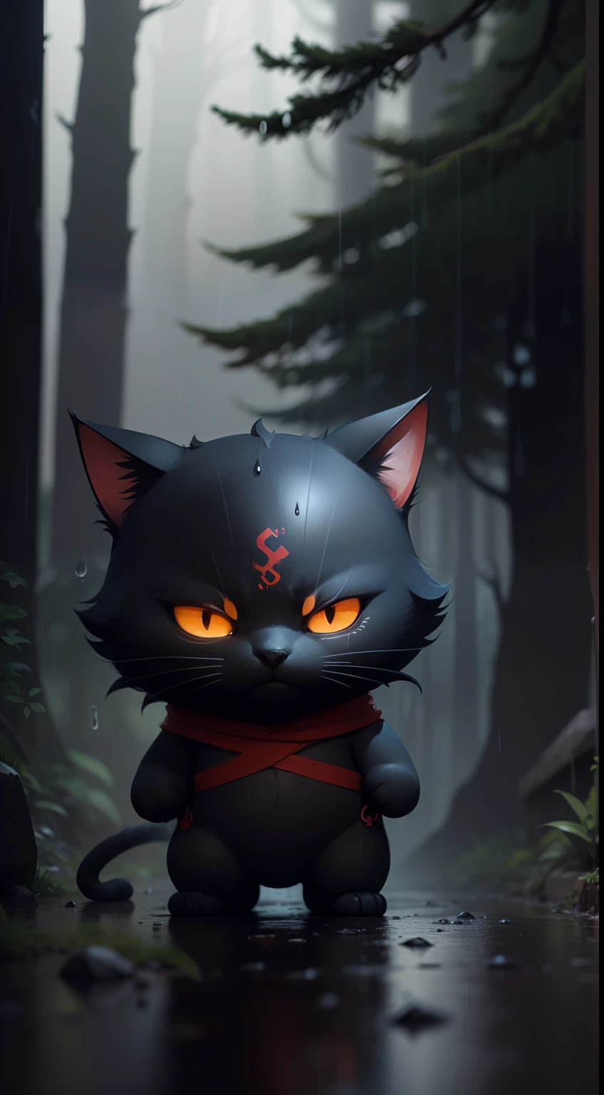 Create a vibrant dark fantasy cute ninja CAT in a clean-lined minimalistic cartoon style, in the background a beautiful forest, rain, octane render, 8k