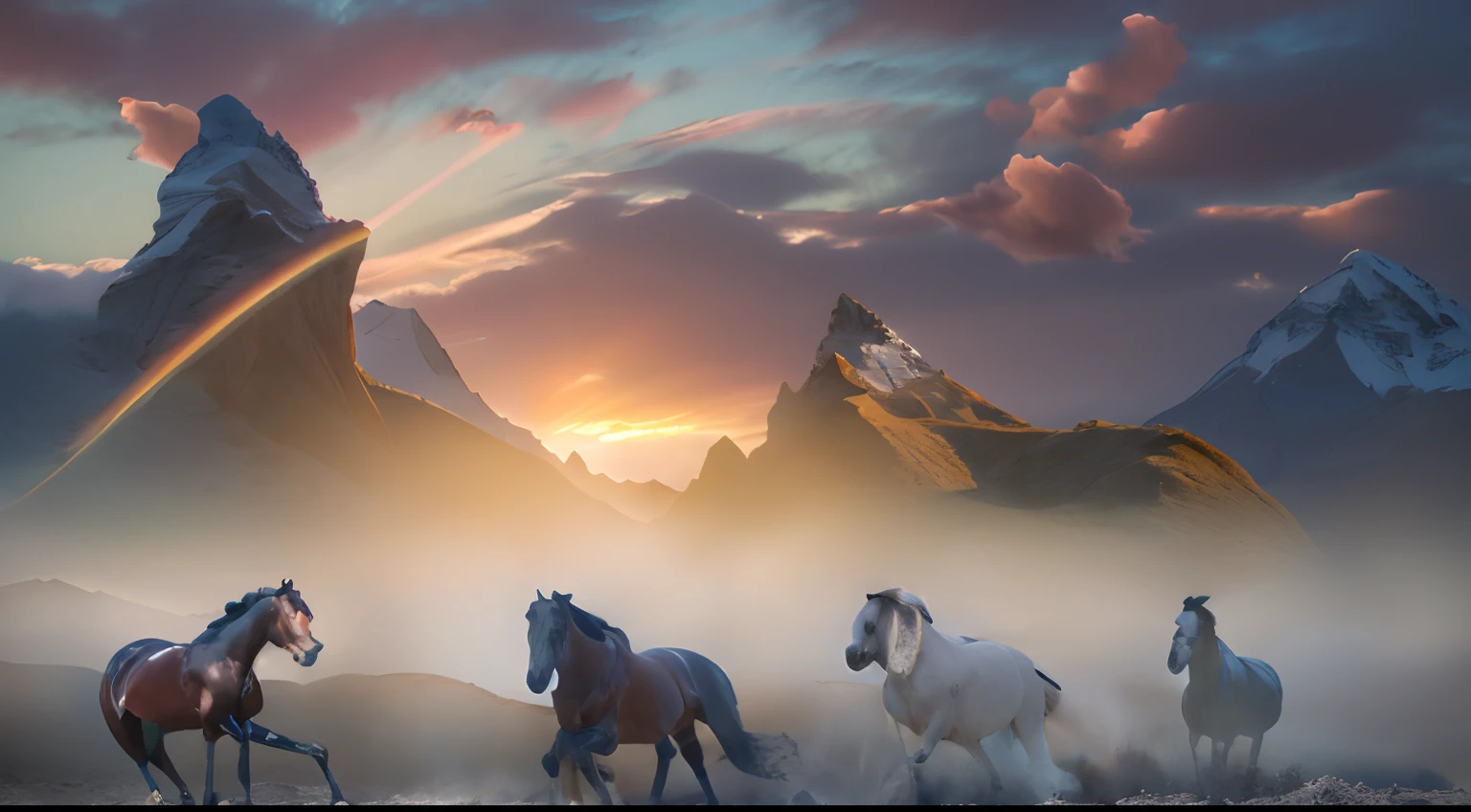 8 horses,Ultra-grand scenes,super wide shot,1#cavalos,2#cavalos,3#cavalos,4#cavalos,5#cavalos,6#cavalos,7#cavalos,8#cavalos。Eight extremely special and rare horses surround each other,A large herd of horses galloped ahead,Gallop across the steppe like a clock。The vast plains of the epic scene are rich in aquatic plants,In the distance is the snow-capped summit of Mount Everest,Snow creek flows into the sea,At the other end is the magnificent giant city,The horse team entered and exited from the city gate。The Lightcast Pegasus from the Supreme Heaven has a rainbow aperture from the Supreme Heaven,She rides between light and pure,No additional ornaments are needed to highlight her dignity and holiness,Even the sky showed her a clear sky,She has a deep enmity with the nightmare heavy ride from hell,The two never put their heads next to each other,Surrounded by sulphurous flames, the Hellmare Heavy Ride makes every time a horse's hooves fall, stepping flat grass out of the lava from the ground,The sky in the steppe is brighter,It makes the earth deeper。The wind wings of the wind elf horse let its position be erratic,She carries a cyan aperture lightly and always can't help but tease the mechanical horse,The mechanical horse is full of mecha beauty,The shoulder back position always reveals delicate mechanical fittings,Four kicks with a hydraulic pump and electromagnetic ejection device。Unicorns want to steal all horses from their pure and flawless beauty,But on the side, the fairy dragon horse is comparing with it,Their unique elven-patterned armor and colorful saddles make them the most stylish horses。The female knight is charging on her knightly warhorse,Her lofty ideals made her will unstoppable,There is no doubt that she is the protagonist of this picture。And a chaotic horse from uncharted territory,It blends in and has a weird style and chaotic colors that are almost unimaginable,This gives the whole picture an extremely dangerous uncertainty,The slightest mistake c
