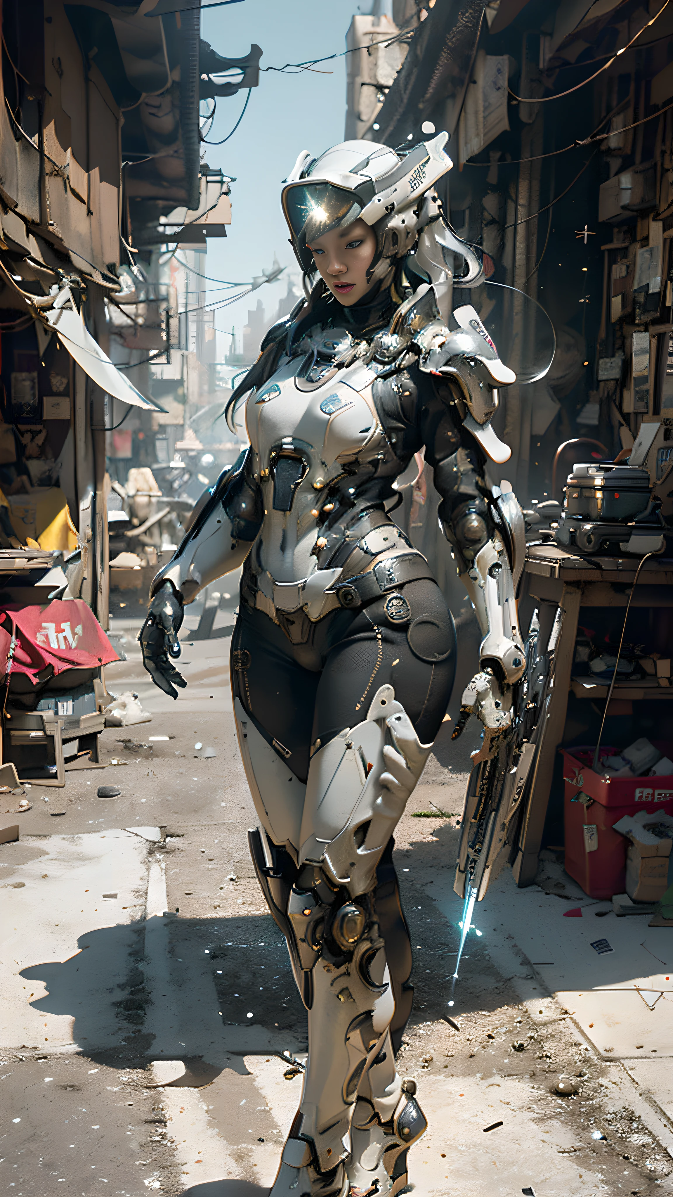 ((best quality)), ((masterpiece)), ((realistic)), (detailed), (photorealistic:1.5), a futuristic girl, (thick body), (white bodysuit), lights on armor, cybernetic headwear, looking at viewer, dynamic pose, post apocalyptic, destroyed city background, buildings on fire, science fiction, hdr, ray tracing, nvidia rtx, super-resolution, unreal 5, subsurface scattering, pbr texturing, post-processing, anisotropic filtering, depth of field, maximum clarity and sharpness, rule of thirds, 8k raw, (luminescent particles:1.4), (extremely detailed cg, unity 8k wallpaper, 3d, cinematic lighting, lens flare), reflections, sharp focus, cyberpunk art, cyberpunk architecture,