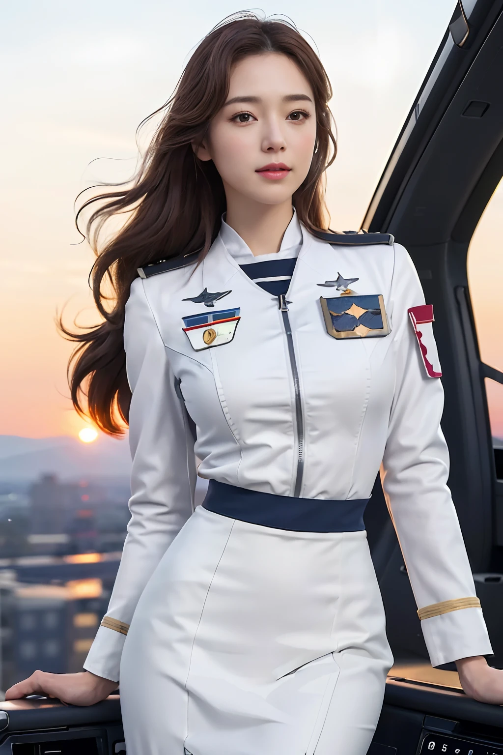 (Best quality, 8k, 32k, Masterpiece, UHD:1.2), (realistic:1.5), (masterpiece, Extremely detailed CG unity 8k wallpaper, best quality, highres:1.2), (ultra detailed, UHD:1.2), Photo of extremely cute and beautiful Japanese woman, (chestnut long wavy hair:1.2), adult, (detailed beautiful girl:1.4), best quality, woman, adult, (detailed US air-force pilot uniform:1.5), (white pilot captain jacket:1.3), (white high-waist pencil skirt:1.3), detailed clothes, (Beautiful sunset US air force base runway view background:1.3), embarrassed laughing:1, light smile, looking at viewer, facing the viewer, ((perfect female body)), (narrow waist:1.2), (upper body image:1.3), slender, abs, (large breasted:1.25), ((frame the head)), wind, dynamic pose, cinematic light, back light, perfect ???????, perfect proportion, detailed human body, bokeh, depth of field,
