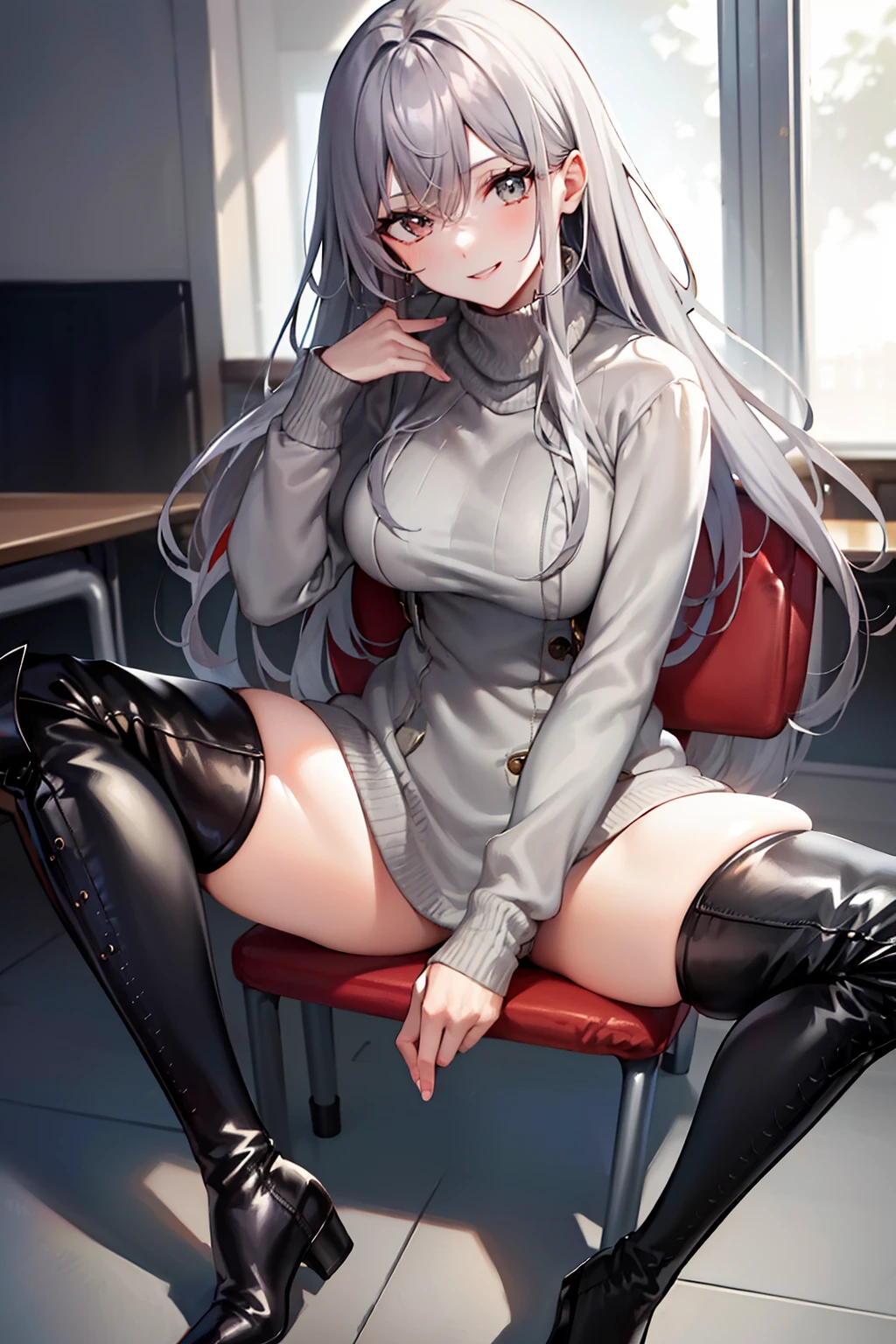 (tmasterpiece,high high quality,light grey sweater,stare,thigh boots,whaite hair,ssmile,sit on chair,Absolute realm,Classroom,spread their legs,low head,Leg details,Foot details,detail in face)