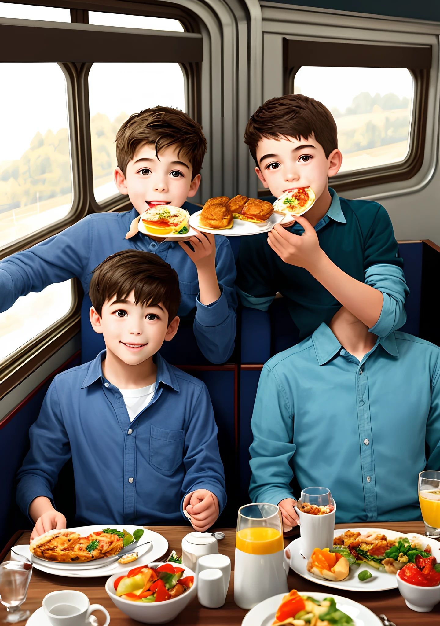 2 boys eating a rich breakfast on a gorgeous train