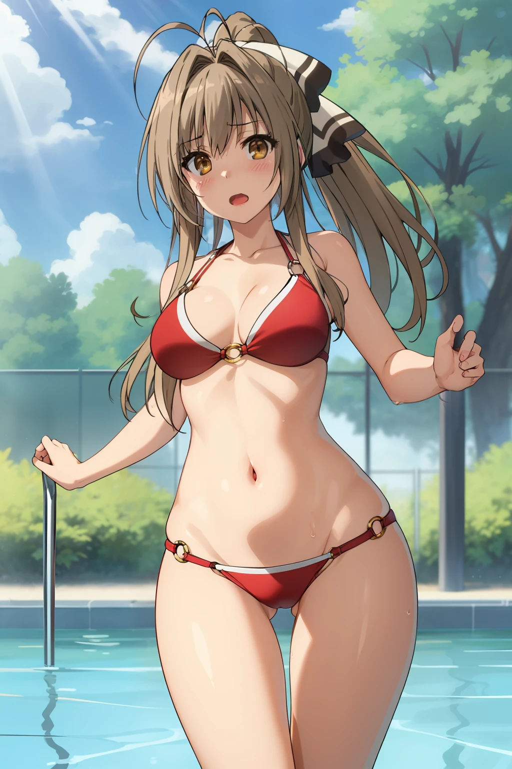 best quality, highly detailed, pool, day, sun rays,
1girl, solo, sento isuzu, open mouth, blush, looking at the viewer, thigh gap,
brown hair, long hair, antenna hair, ponytail, brown eyes, red bikini, o-ring bikini, o-ring top, o-ring bottom, from below, all fours