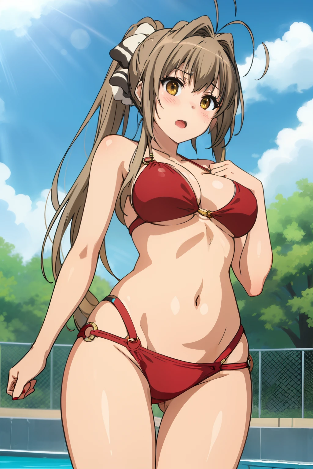 best quality, highly detailed, pool, day, sun rays,
1girl, solo, sento isuzu, open mouth, blush, looking at the viewer, thigh gap,
brown hair, long hair, antenna hair, ponytail, brown eyes, red bikini, o-ring bikini, o-ring top, o-ring bottom, from below