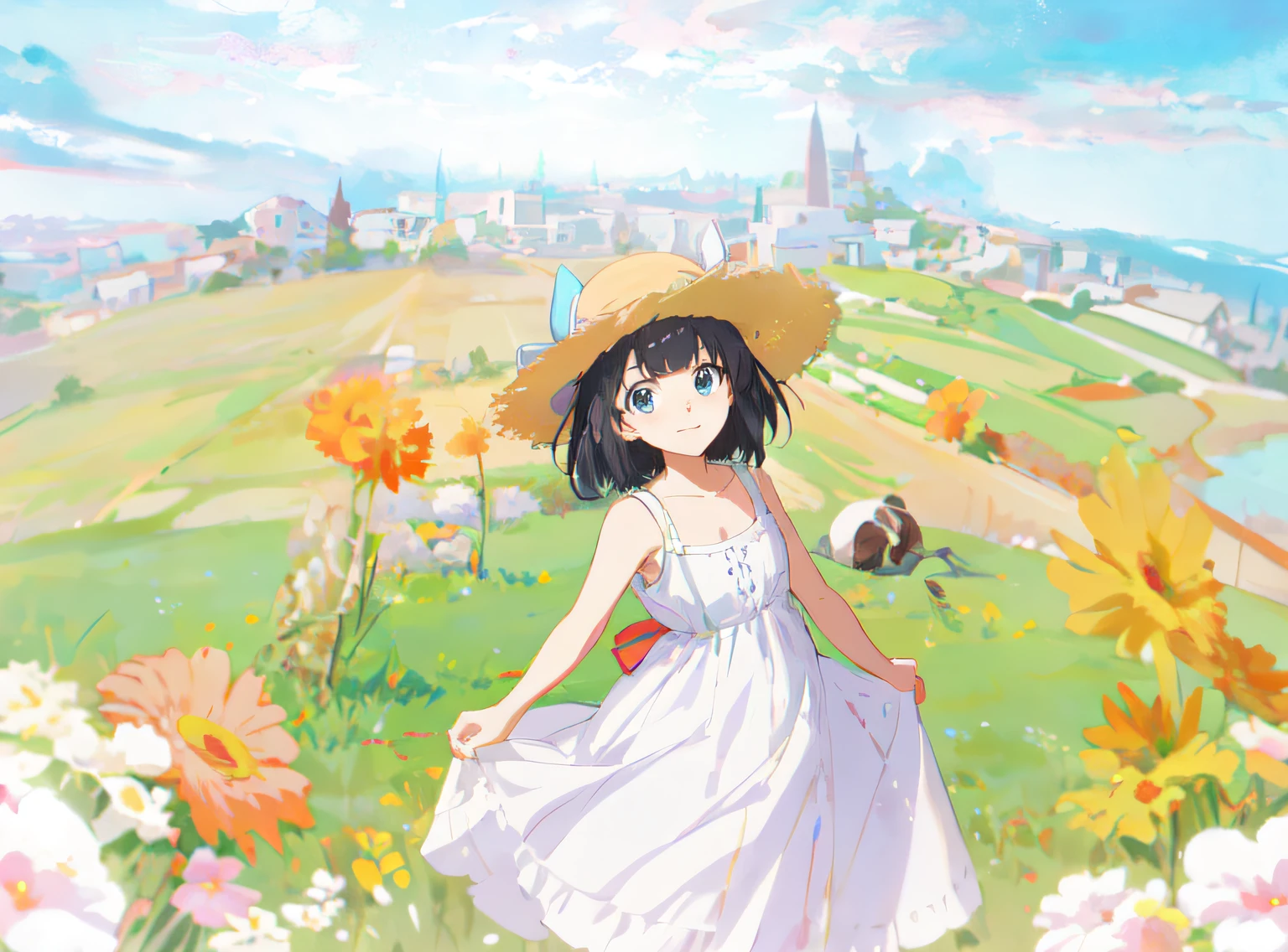 Blue eyes,There are a wide variety of flowers in the foreground,Anime girl in white dress and straw hat standing in field, drawn in anime painter studio, anime moe art style, in dress, made with anime painter studio, Lolikoto shinkai art style, anime visual of a cute girl, Official artwork, Stylized anime, portrait of lain iwakura, studio glibly makoto shinkai,((Masterpiece, Best quality)),(Masterpiece:1.5) (Painting:1.1) (Best quality) (Detailed) (Intricate) (8K) (hdr) (the wallpaper) (Cinematic lighting) (Sharp focus)