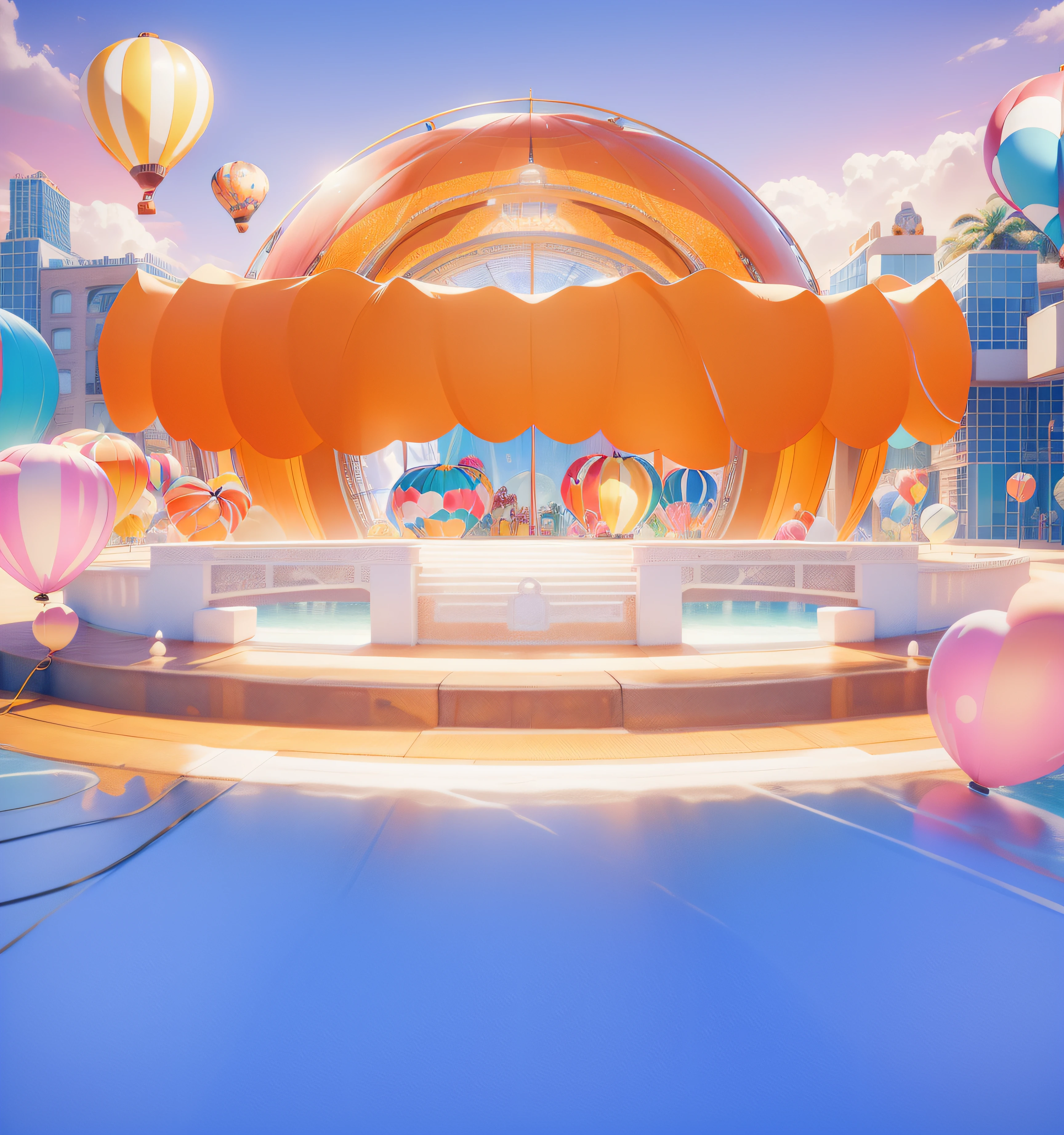 Paradise world/Carnival City，3Drenderingof,Dopamine Mood Paradise，Summer carnival style，hot air balloon，balloons，Lovely and sophisticated building，shop，Premium texture，high-class details，Studio lights