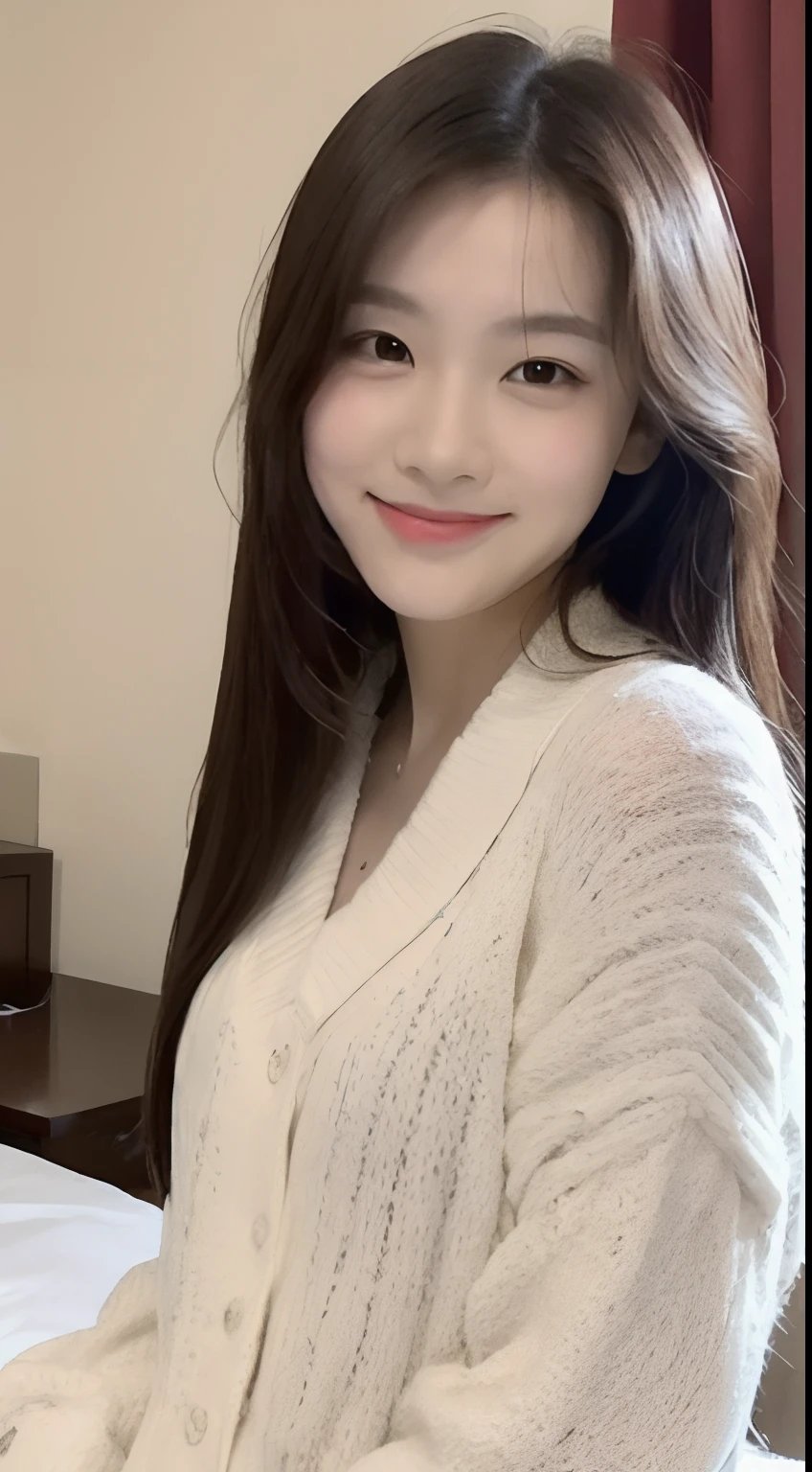 (1 Korean star with royal sister style), ((Best quality, 8K, 巨作: 1.3)), focal point: 1.2, Perfect body proportions: 1.4, (Make a smile), Watery eyes, Highly Detailed Face and Skin Textur, Fine eyes, Double eyelids, Whitens the skin, (long whitr hair,Shawl straight hair: 1.3), (face round: 1.5), (Black JK uniform: 1.4), (white stockings: 1.4),(JK style:1.4),(Girls' bedroom:1.3)(sit on a bed:1.3)