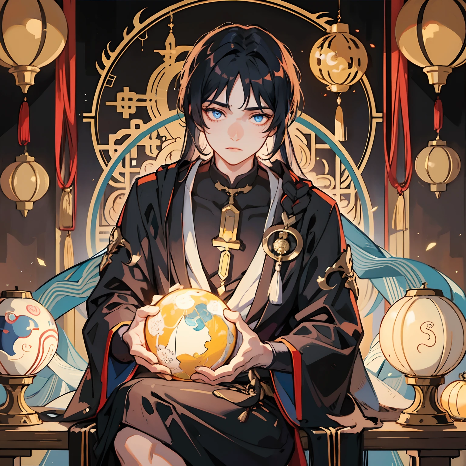 A handsome young man with long black hair and a shawl, black pupils, {wearing an ancient Chinese white robe}, sitting on a stool, (looking at the glowing ball in front of his eyes), in the background inside an ancient building