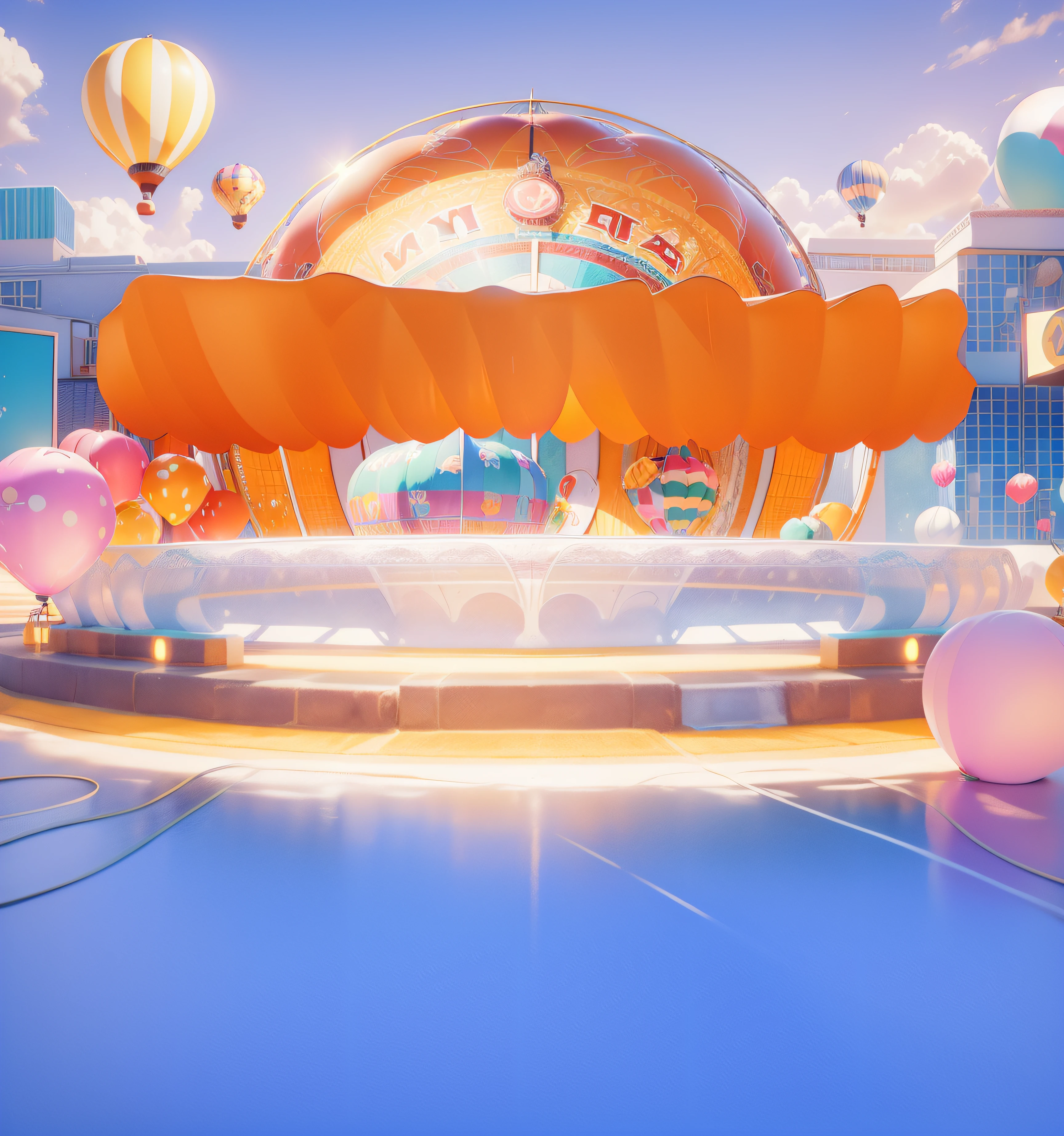 Paradise world/Carnival City,3Drenderingof,Dopamine Mood Paradise,Summer carnival style,hot air balloon,balloons,Lovely and sophisticated building,shop,Premium texture,high-class details,Studio lights