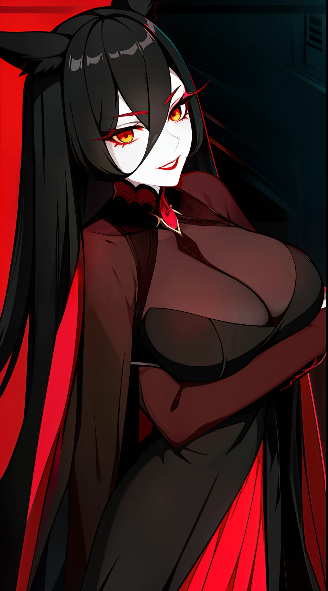 Adult woman, pale skin, long black hair, fox ears, green eyes, red eye shadows, red lipstick, black magic dress, open breasts, smirk, Masterpiece, high quality