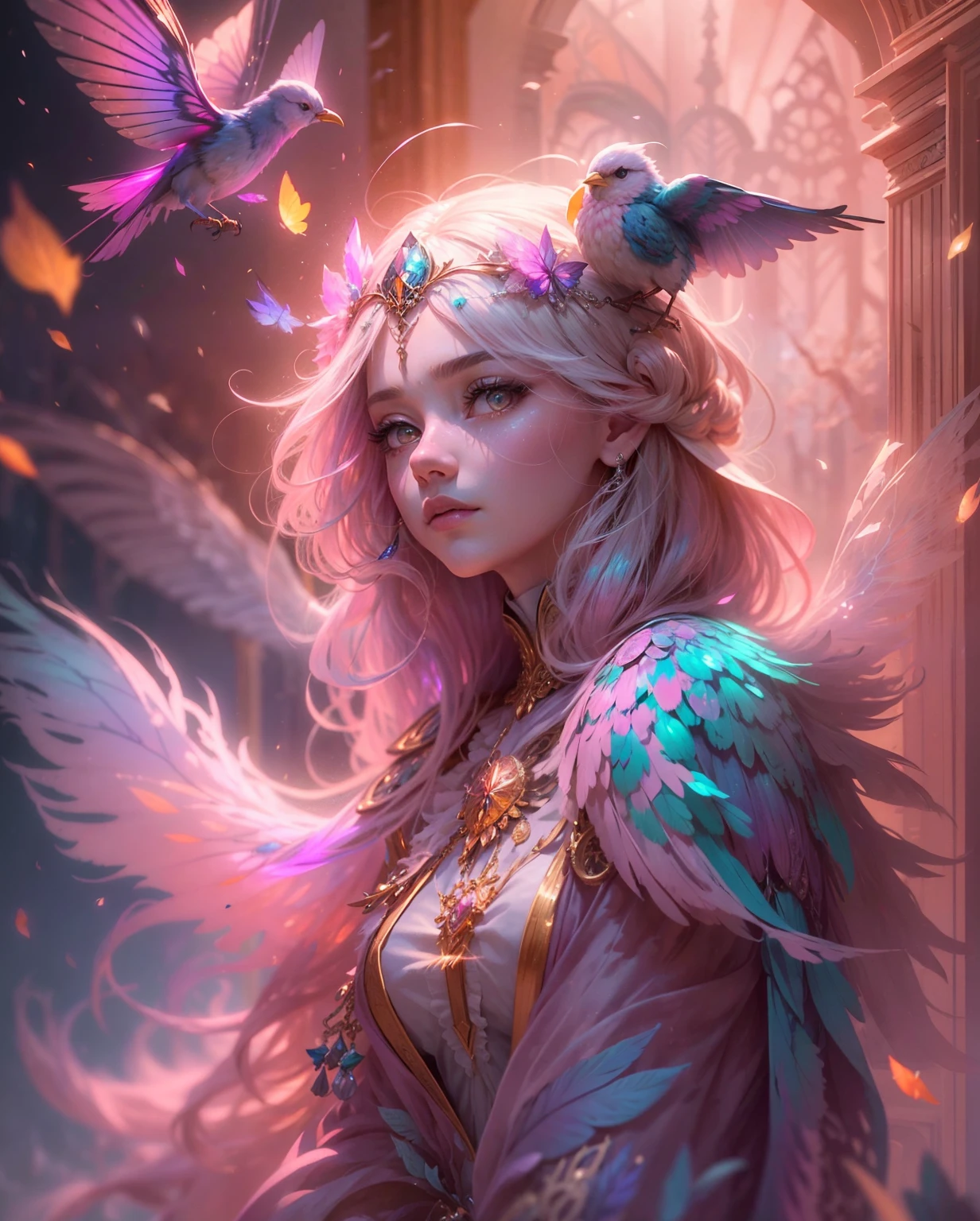 (((masterpiece))), (((best quality))), ((ultra-detailed)),(highly detailed CG illustration), ((an extremely delicate and beautiful)),cinematic light, Create a stunning fantasy artwork that mimics the style of currently trending masters of the genre. The art piece should contain elements of both mythic fantasy and fairytale fantasy with colorful accents. ((Utilize various shades of pink and watercolor pastels as the main color scheme.)) The character in the artwork is a delicate but strong petite figure with an aura of mystery and magic. Pay close attention to intricate facial features, such as mesmerizing eyes with vibrant colors and bold shading. The character's clothing should be designed with gossamer feathers, silk, stunning embroidery, and subtle iridescent details. Incorporate dreamy colors, dynamic lighting, and detailed background elements to create a sense of awe and immersion. Include colorful flying magical birds and jewel-toned butterflies radiating a magical aura. Consider the latest trends in fantasy art, such as incorporating unique lighting effects, exploring dynamic and compelling composition techniques, and experimenting with unique color palettes. Take inspiration from the top artists on ArtStation and Midjourney. Camera: Choose an angle that highlights the character's beauty and enhances the magical majesty of the artwork. Lighting: Utilize atmospheric lighting techniques to create depth and mood. Resolution: Aim for a high-resolution artwork to showcase intricate details and clarity. Art Inspirations: Seek inspiration from the trending artists on ArtStation, exploring different styles, genres, and themes.