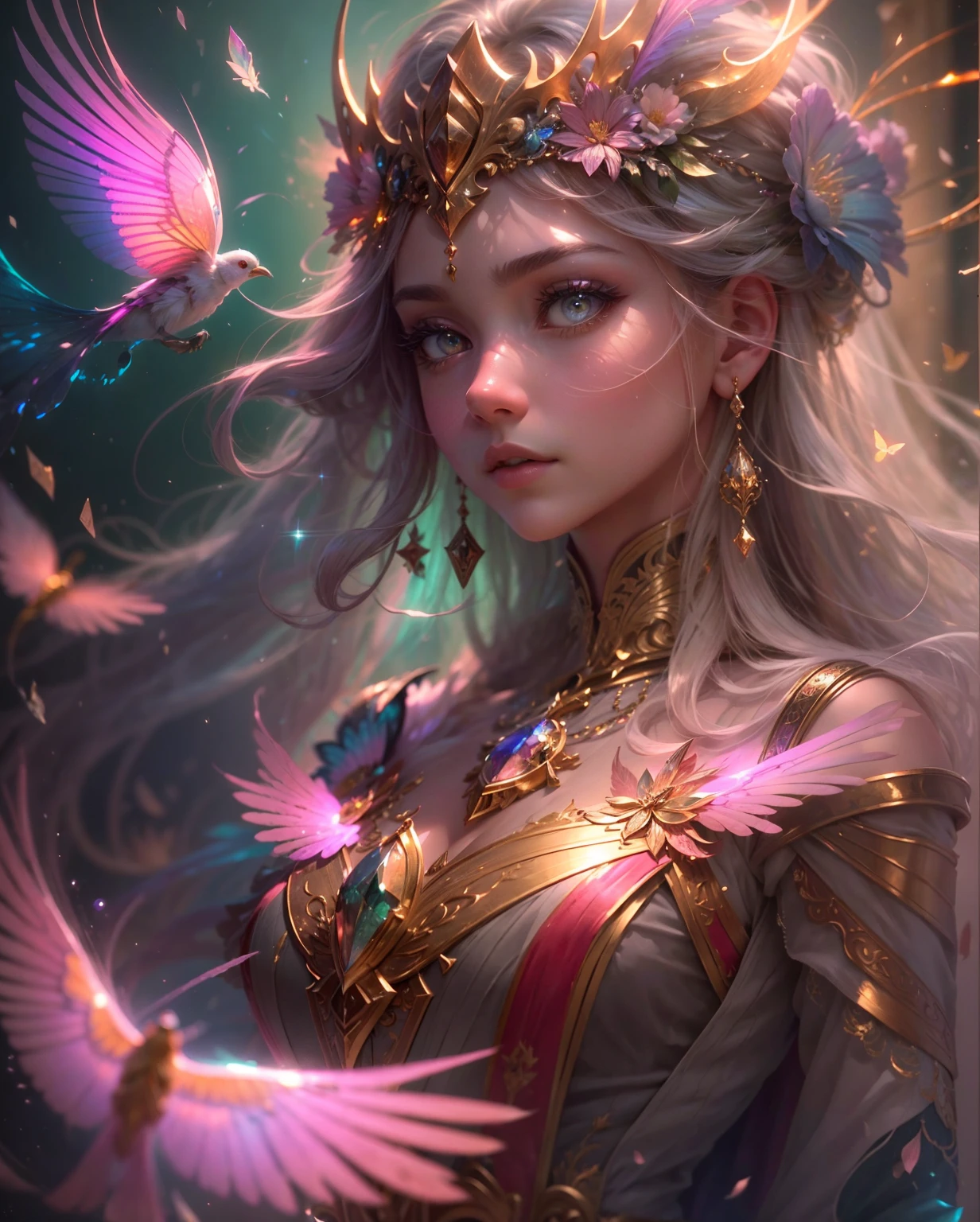 (((masterpiece))), (((best quality))), ((ultra-detailed)),(highly detailed CG illustration), ((an extremely delicate and beautiful)),cinematic light, Create a stunning fantasy artwork that mimics the style of currently trending masters of the genre. The art piece should contain elements of both mythic fantasy and fairytale fantasy with colorful accents. ((Utilize various shades of pink and watercolor pastels as the main color scheme.)) The character in the artwork is a delicate but strong petite figure with an aura of mystery and magic. Pay close attention to intricate facial features, such as mesmerizing eyes with vibrant colors and bold shading. The character's clothing should be designed with gossamer feathers, silk, stunning embroidery, and subtle iridescent details. Incorporate dreamy colors, dynamic lighting, and detailed background elements to create a sense of awe and immersion. Include colorful flying magical birds and jewel-toned butterflies radiating a magical aura. Consider the latest trends in fantasy art, such as incorporating unique lighting effects, exploring dynamic and compelling composition techniques, and experimenting with unique color palettes. Take inspiration from the top artists on ArtStation and Midjourney. Camera: Choose an angle that highlights the character's beauty and enhances the magical majesty of the artwork. Lighting: Utilize atmospheric lighting techniques to create depth and mood. Resolution: Aim for a high-resolution artwork to showcase intricate details and clarity. Art Inspirations: Seek inspiration from the trending artists on ArtStation, exploring different styles, genres, and themes.