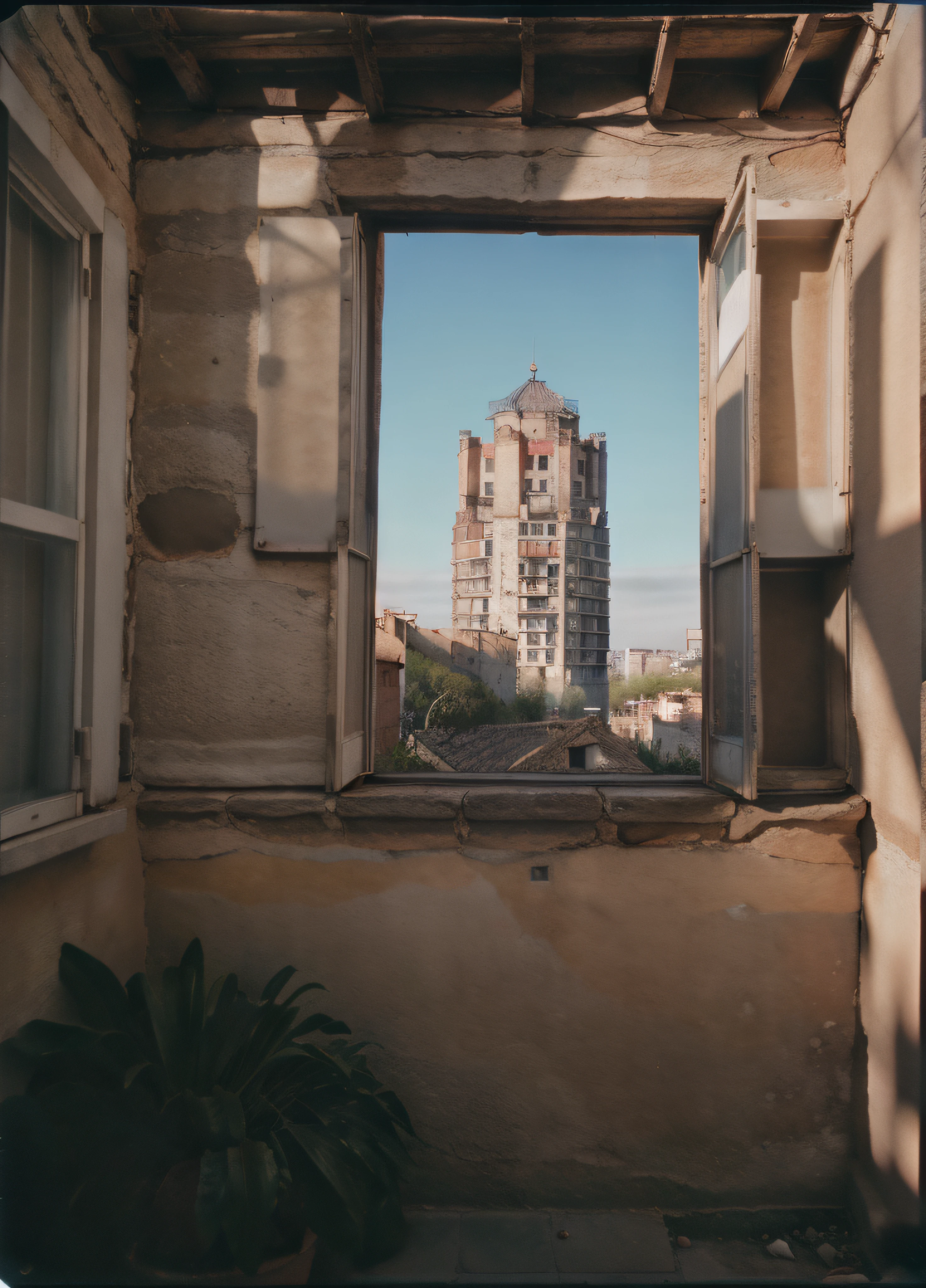 (view from window in a tall building), yard with large buildings, Seville, La Giralda, Spain, sunny day, movie still, 30mm lens, polaroid, analog photo, vhs, lomo, masterpiece, best quality, (film grain:1.1), ultra high res, RAW