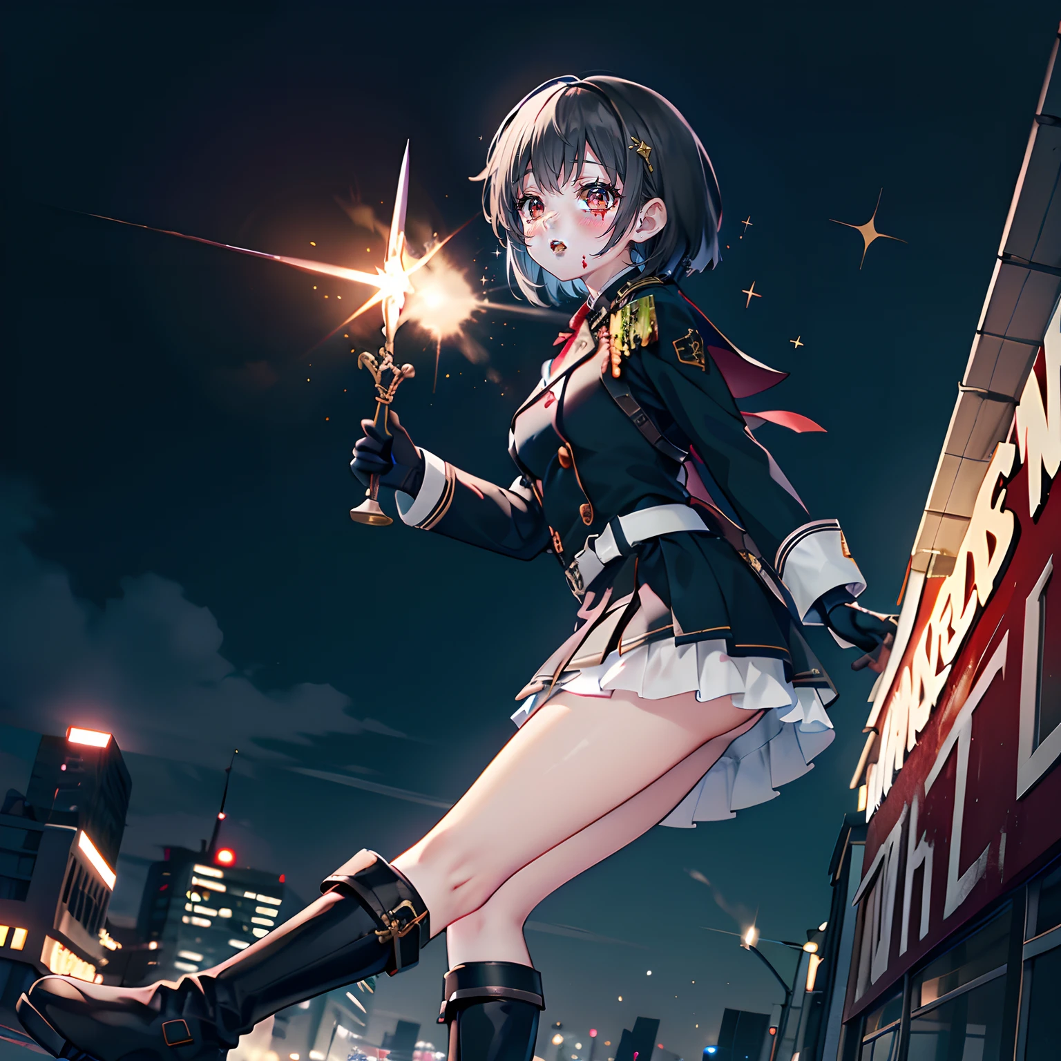 (grey hair 1.5), Red pupils, girls, quadratic element, (Handsome white military uniform), black over-the-knee socks, boot, (blood-stained sword),whitegloves,In the city, The expression was slightly cold, short detailed hair, quadratic element, adolable, Slightly tempting, Cinematic texture, Pubic area is clear, Glass texture,swords drawn, looking to the camera, the night, Cinematic lighting, Cinematic lighting, Motion blur, Sparkle, Atmospheric perspective, wide angles, 8K, Super detail, Masterpiece, Cinematic texture, Glass texture