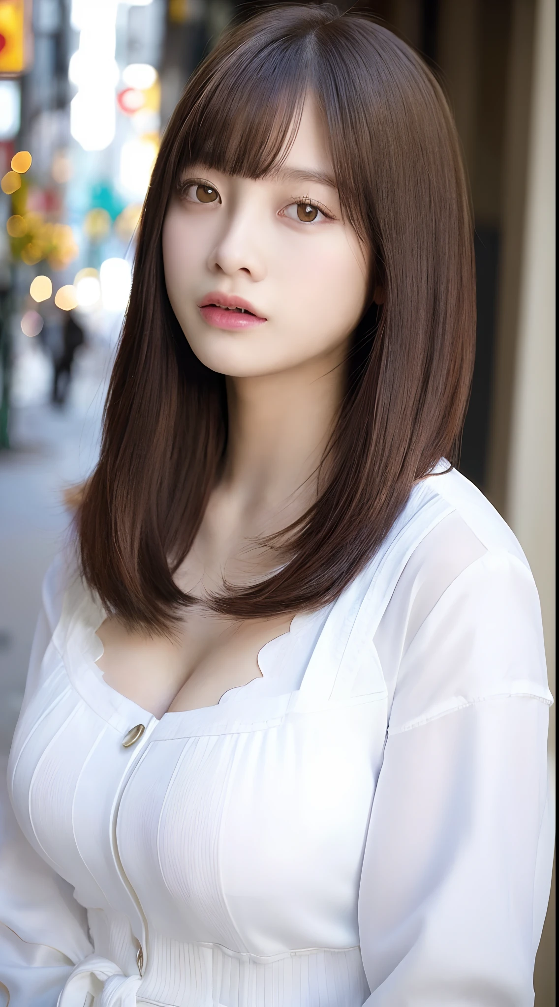((top-quality、8K、masterpiece:1.3))、Detail Women:1.3、(Medium Hair、Colossal tits:1.4)、Clothes that emphasize the chest very much、Clothes with open cleavage、Clothes with a lot of exposed skin、ultra -detail、the detail、eyelid、Streets of Tokyo