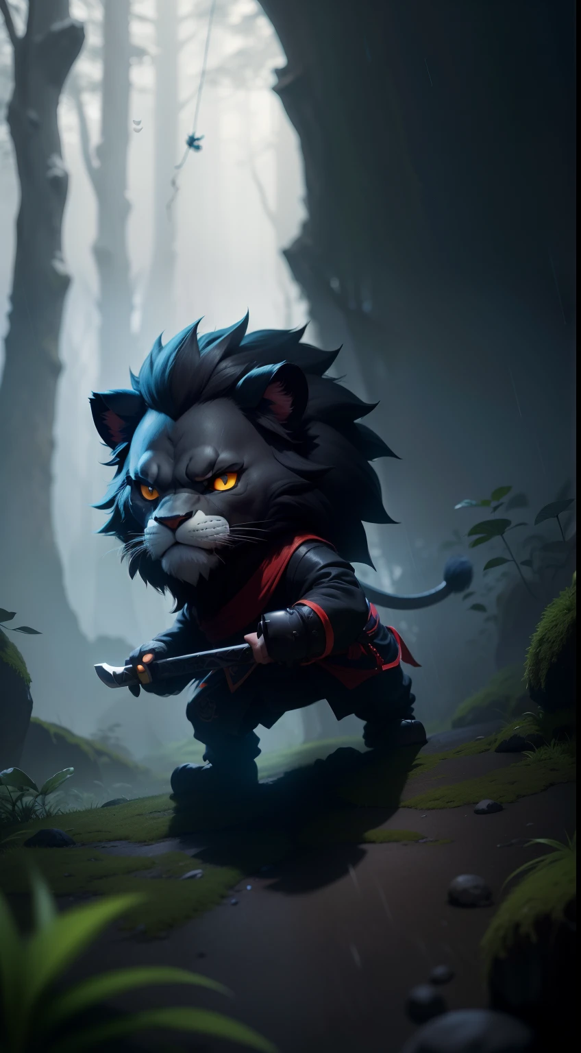 Create a vibrant dark fantasy cute ninja LION in a clean-lined minimalistic cartoon style, in the background a beautiful forest, rain, octane render, 8k
