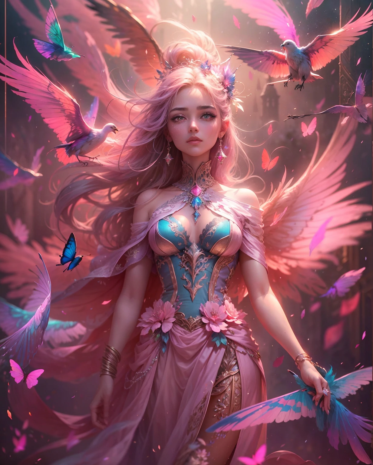 (((masterpiece))), (((best quality))), ((ultra-detailed)),(highly detailed CG illustration), ((an extremely delicate and beautiful)),cinematic light, Create a stunning fantasy artwork that mimics the style of currently trending masters of the genre. The art piece should contain elements of both mythic fantasy and fairytale fantasy with colorful accents. ((Utilize various shades of pink and watercolor pastels as the main color scheme.)) The character in the artwork is a delicate but strong petite figure with an aura of mystery and magic. Pay close attention to intricate facial features, such as mesmerizing eyes with vibrant colors and bold shading. The character's clothing should be designed with gossamer feathers, silk, stunning embroidery, and subtle iridescent details. Incorporate dreamy colors, dynamic lighting, and detailed background elements to create a sense of awe and immersion. Include colorful flying magical birds and jewel-toned butterflies radiating a magical aura. Consider the latest trends in fantasy art, such as incorporating unique lighting effects, exploring dynamic and compelling composition techniques, and experimenting with unique color palettes. Take inspiration from the top artists on ArtStation and Midjourney. Camera: Choose an angle that highlights the character's beauty and enhances the magical majesty of the artwork. Lighting: Utilize atmospheric lighting techniques to create depth and mood. Resolution: Aim for a high-resolution artwork to showcase intricate details and clarity. Art Inspirations: Seek inspiration from the trending artists on ArtStation, exploring different styles, genres, and themes.