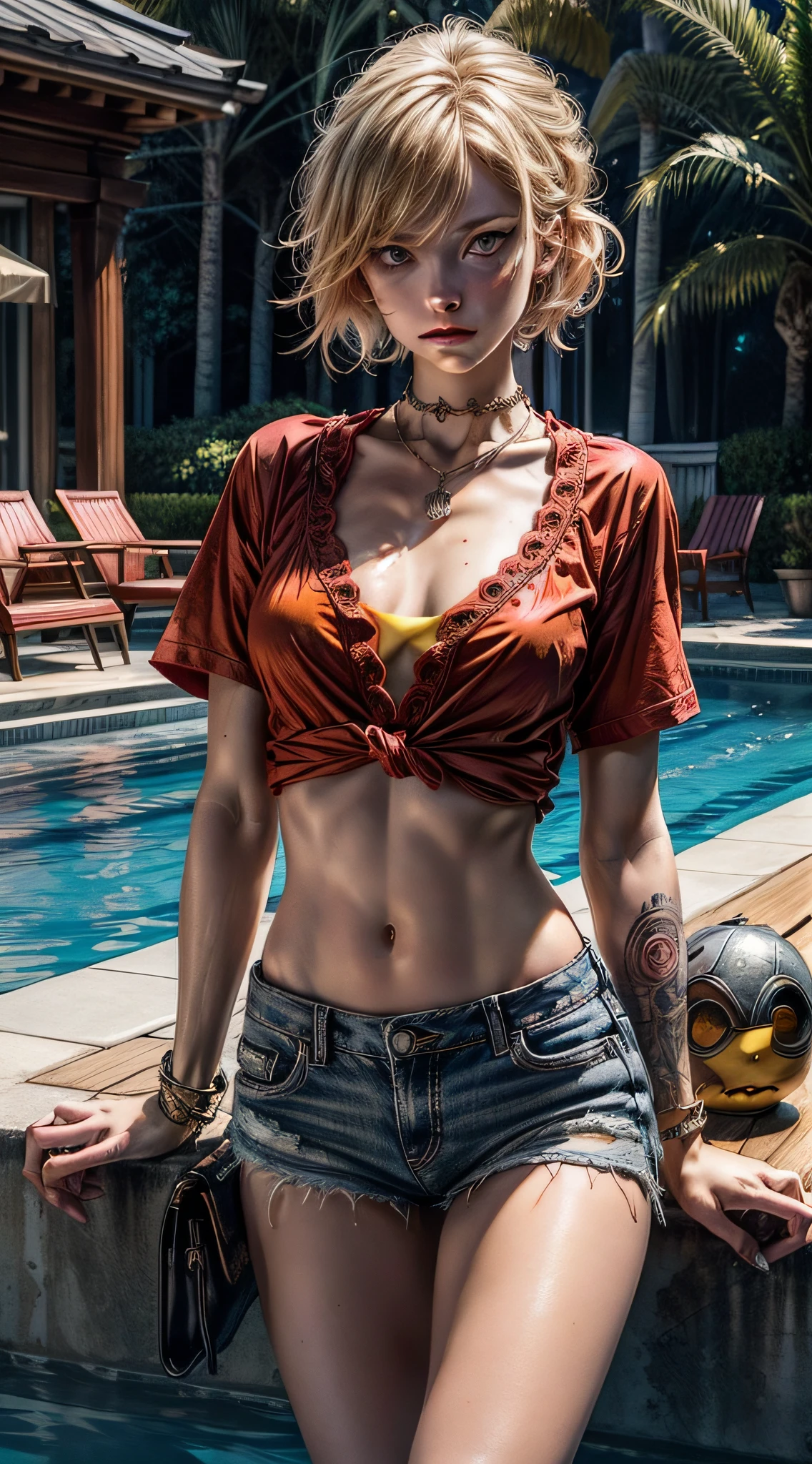 ((Best Quality)), ((Masterpiece)), (Detailed: 1.4), 8k, (((1girl))), very big chest, slim waist, short blonde hair, ((yellow eyes)), eyes detailed, ((bright eyes)), big, muscular, extremely defined body, ((red babylook shirt)), sexy micro shorts, serious look, necklace, rose tattooed on arm, in front of pool table,