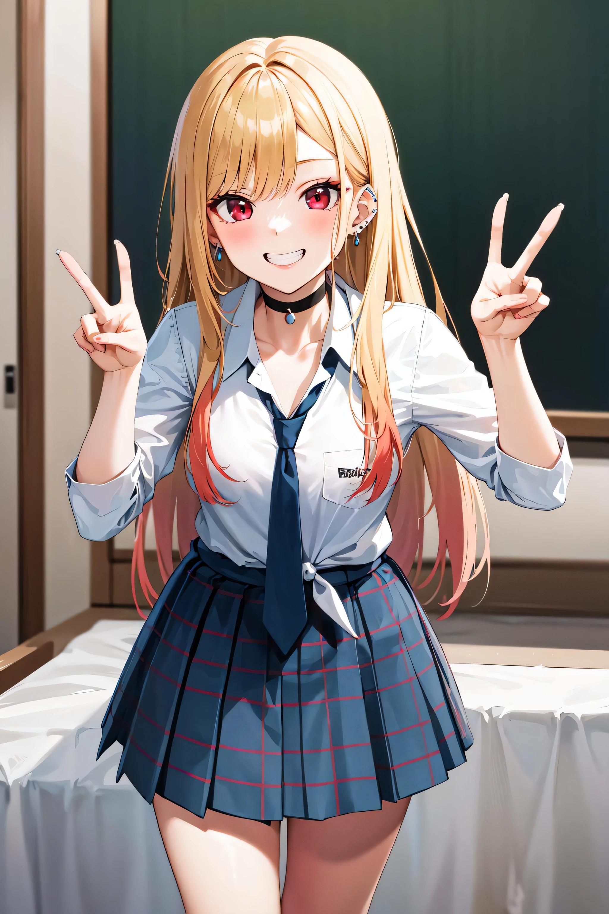 masterpiece, best quality, highres, kitagawa marin, 1girl, blonde hair, long hair, multicolored hair, red eyes, jewelry, earrings, piercing, school uniform, white shirt, tied shirt, black choker, blue necktie, plaid skirt, leaning forward, grin, peace sign