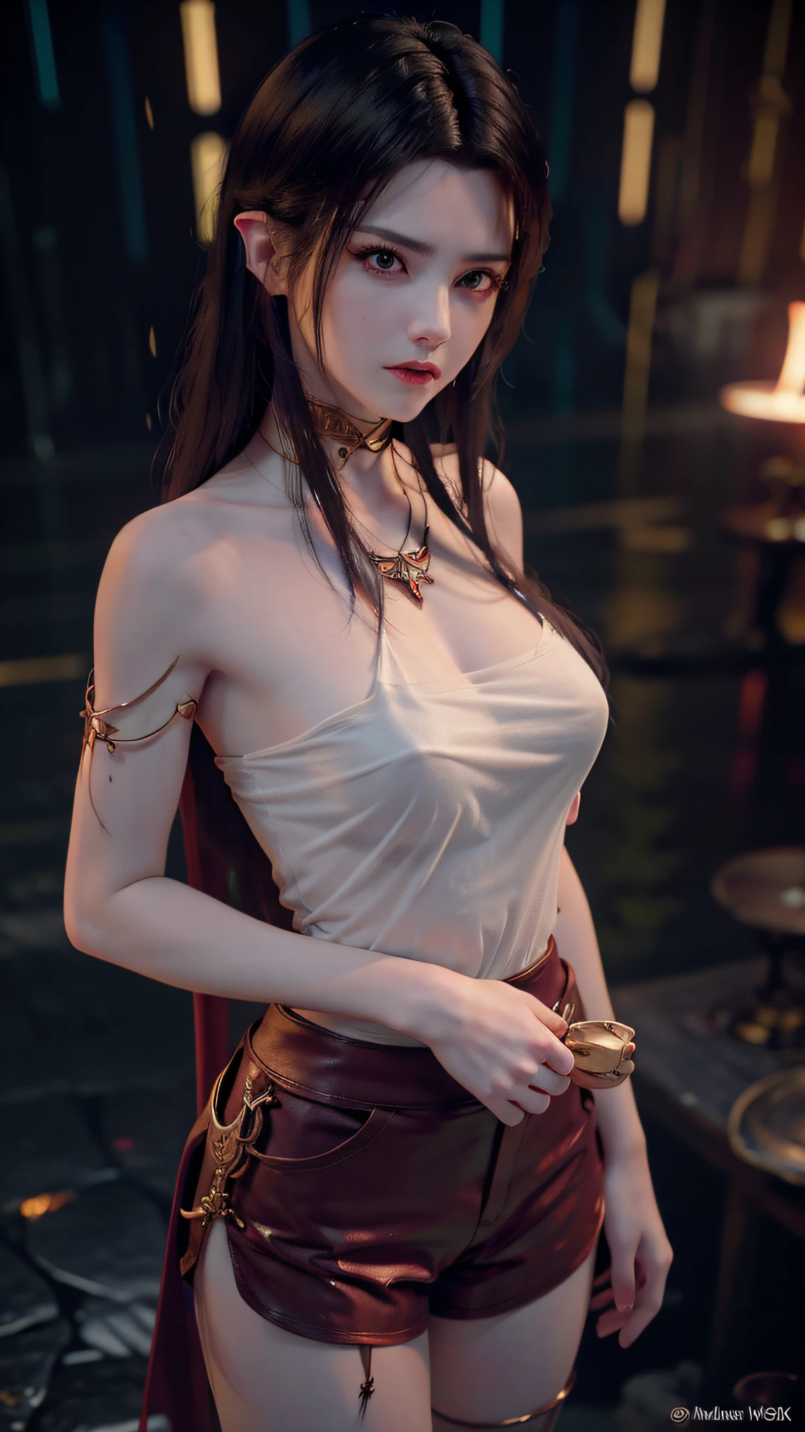Beautiful woman with wavy hair, delicate and charming eyes, thigh notch, sexy long legs, t-shirt in small shorts, beautiful futuristic cyberpunk + city, mist, damp, rain, best quality masterpiece, realistic, detailed, 8k, HDR, shallow depth of field, wide light, high contrast, backlight, flood, flash, chromatic aberration, sharp focus, RAW color photo