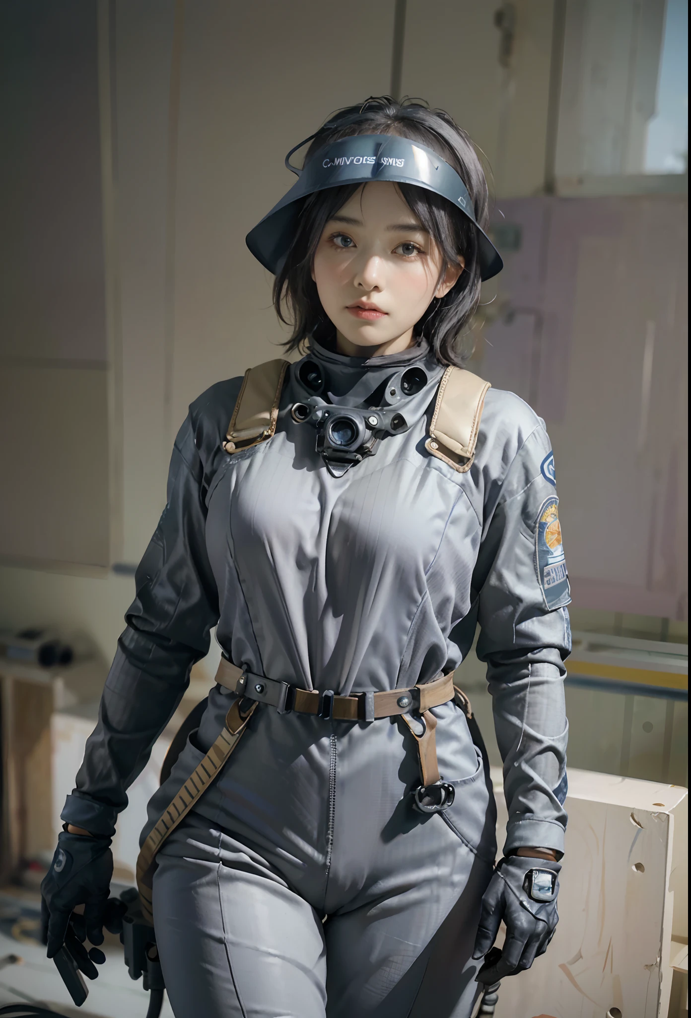 Highest image quality, outstanding details, ultra-high resolution, (realism: 1.4), the best illustration, favor details, highly condensed 1girl, with a delicate and beautiful face, ((cowboy shot)), (wearing racing suit likes police uniform, black and gray mecha, wearing a visor, military harness, holding a machinegun), background simple grey wall,