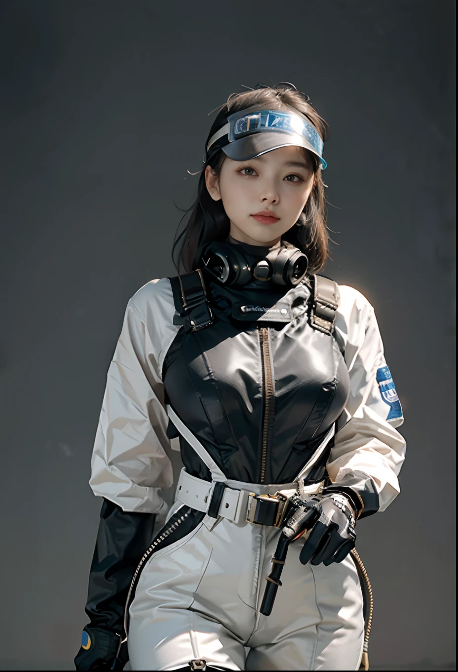 Highest image quality, outstanding details, ultra-high resolution, (realism: 1.4), the best illustration, favor details, highly condensed 1girl, with a delicate and beautiful face, ((cowboy shot)), (wearing nylon racing suit likes police uniform, black and gray mecha, wearing a high-tech visor, military harness, holding a machinegun, having Electrical Discharging Staff, "SST"), simple background grey