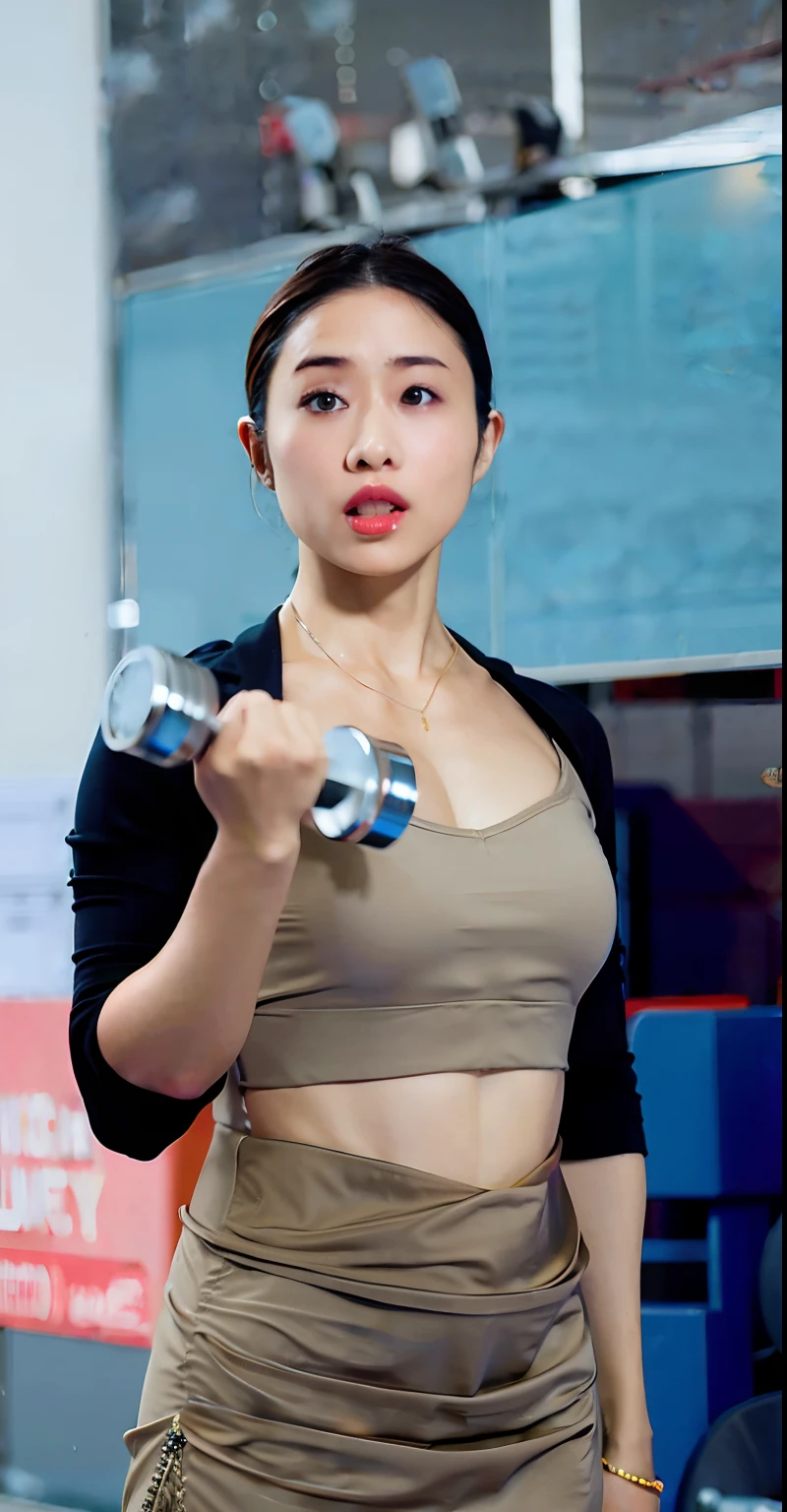 There was a woman in a dress holding a dumbbell, Sexy beautiful woman in gym, Shot on SONY 7M3,