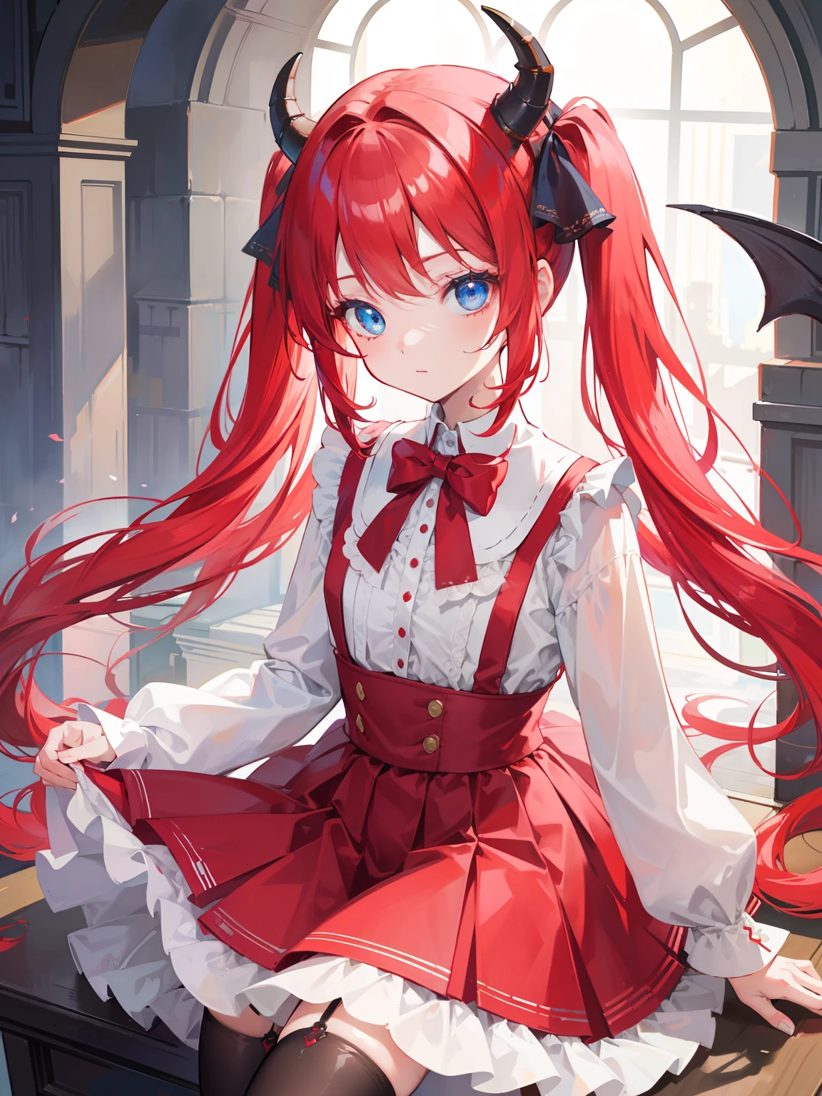 {{best quality}}, {{masterpiece}}, {{ultra-detailed}}, {illustration}, {detailed light}, red hair,blue eyes,twintails,lolita,Suspenders skirt,Fantastic,loli,solo,Dragon horns,little girl,long hair