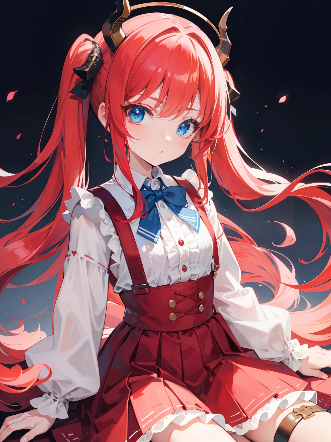 {{best quality}}, {{masterpiece}}, {{ultra-detailed}}, {illustration}, {detailed light}, red hair,blue eyes,twintails,,Suspenders skirt,Fantastic,loli,sDragon horns,little gir