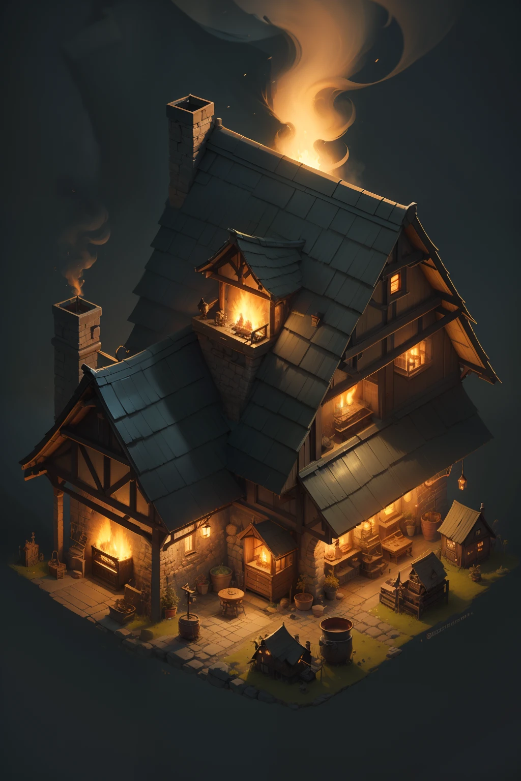 A close-up of a small house with a chimney and a fire, Stylized game art, a multidimensional cozy tavern, Stylized concept art, 3 d render stylized, stylized 3d render, Detailed game art, painted as a game concept art, andreas rocha style, game assets, rpg game environment asset, medieval village, isometric 2 d game art