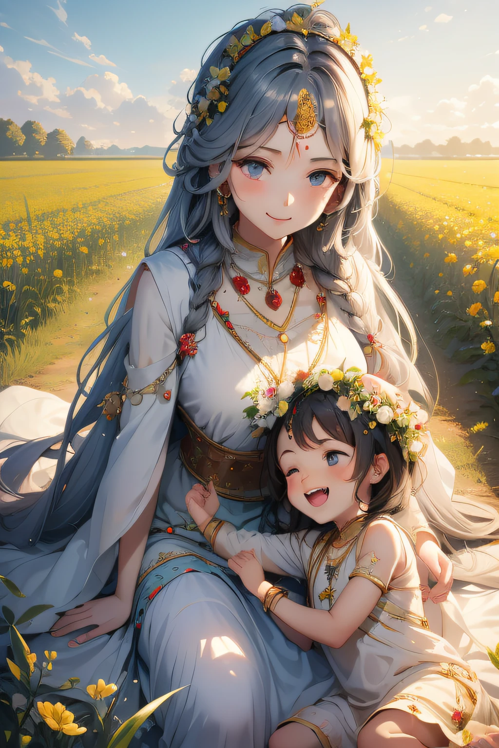 The child wears a garland on his head，Run in the fields，The mother wears a garland on her head，Laugh at the kids